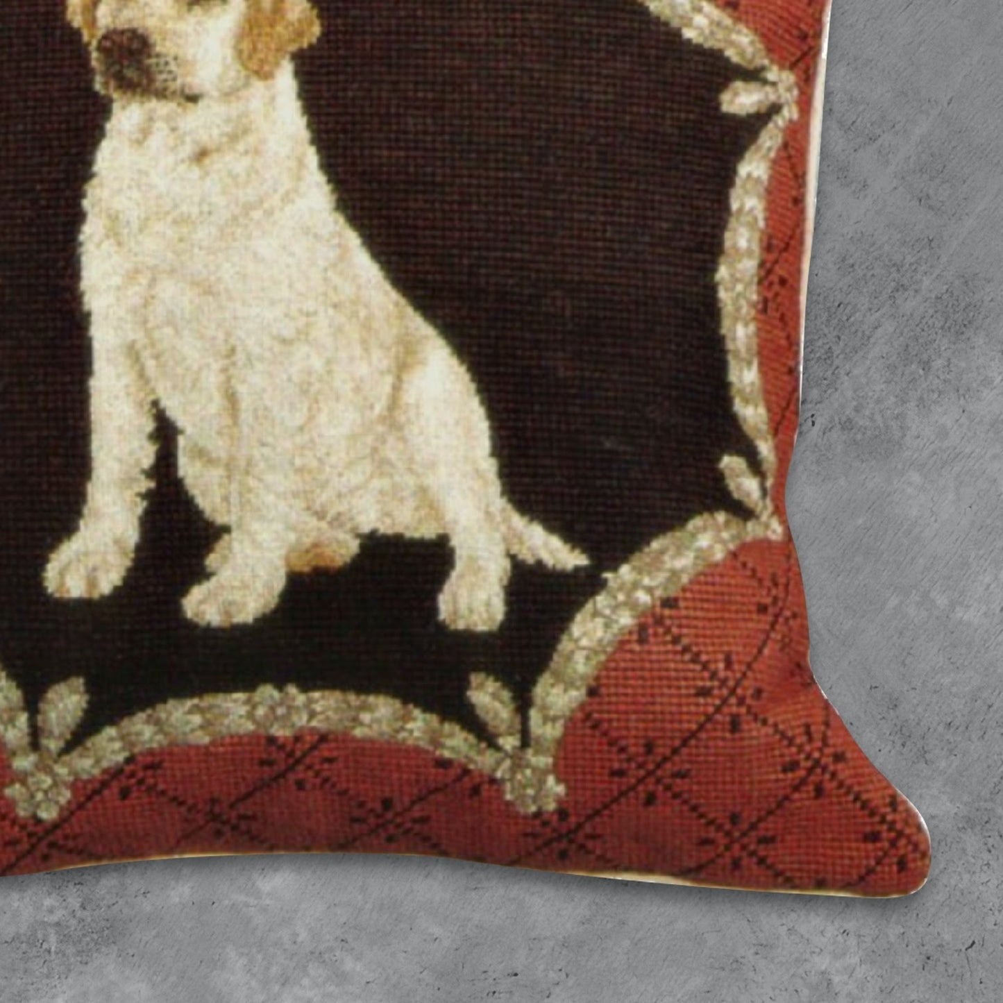 Handmade Wool Needlepoint Pillow Cover - Decorative Throw Cushion Cover - Vintage Floral Embroidery Design  yellow Labradorin red trimming frame