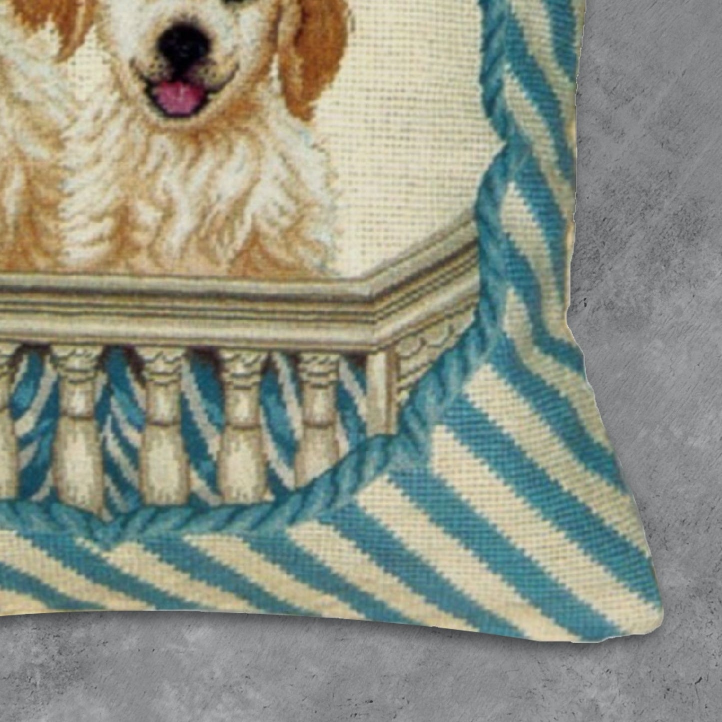 Handmade Wool Needlepoint Pillow Cover - Decorative Throw Cushion Cover - Vintage Floral Embroidery Design  2 puppies in balcony
