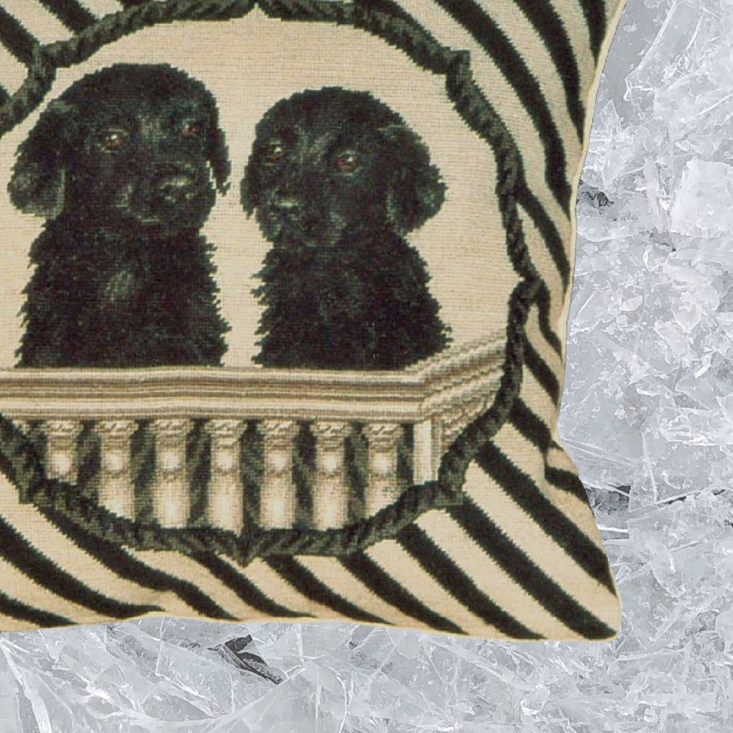 Handmade Wool Needlepoint Pillow Cover - Decorative Throw Cushion Cover - Vintage Floral Embroidery Design  twin black Labrador in balcony