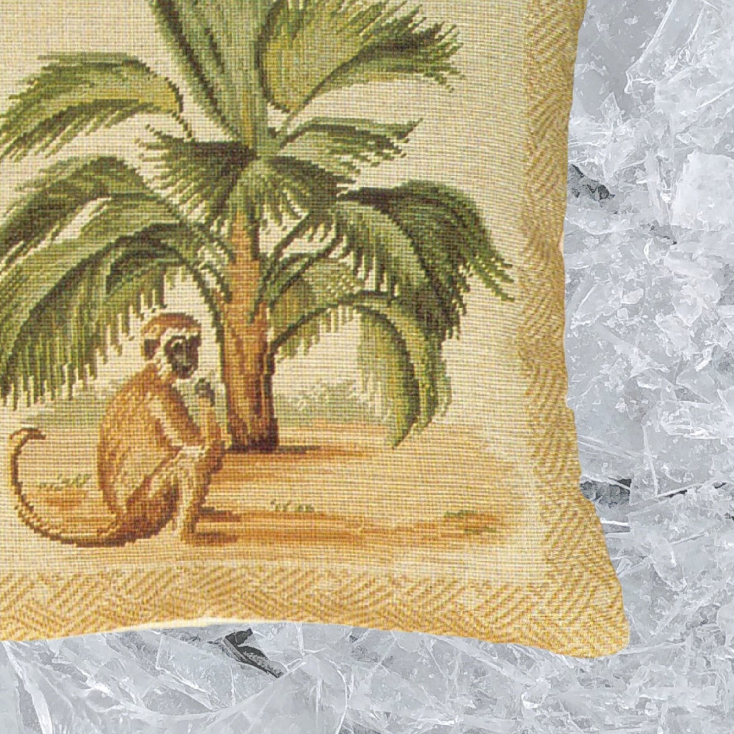 Handmade Wool Needlepoint Pillow Cover - Decorative Throw Cushion Cover - Vintage Floral Embroidery Design 5  long tail monkey & palm tree waved frame 1
