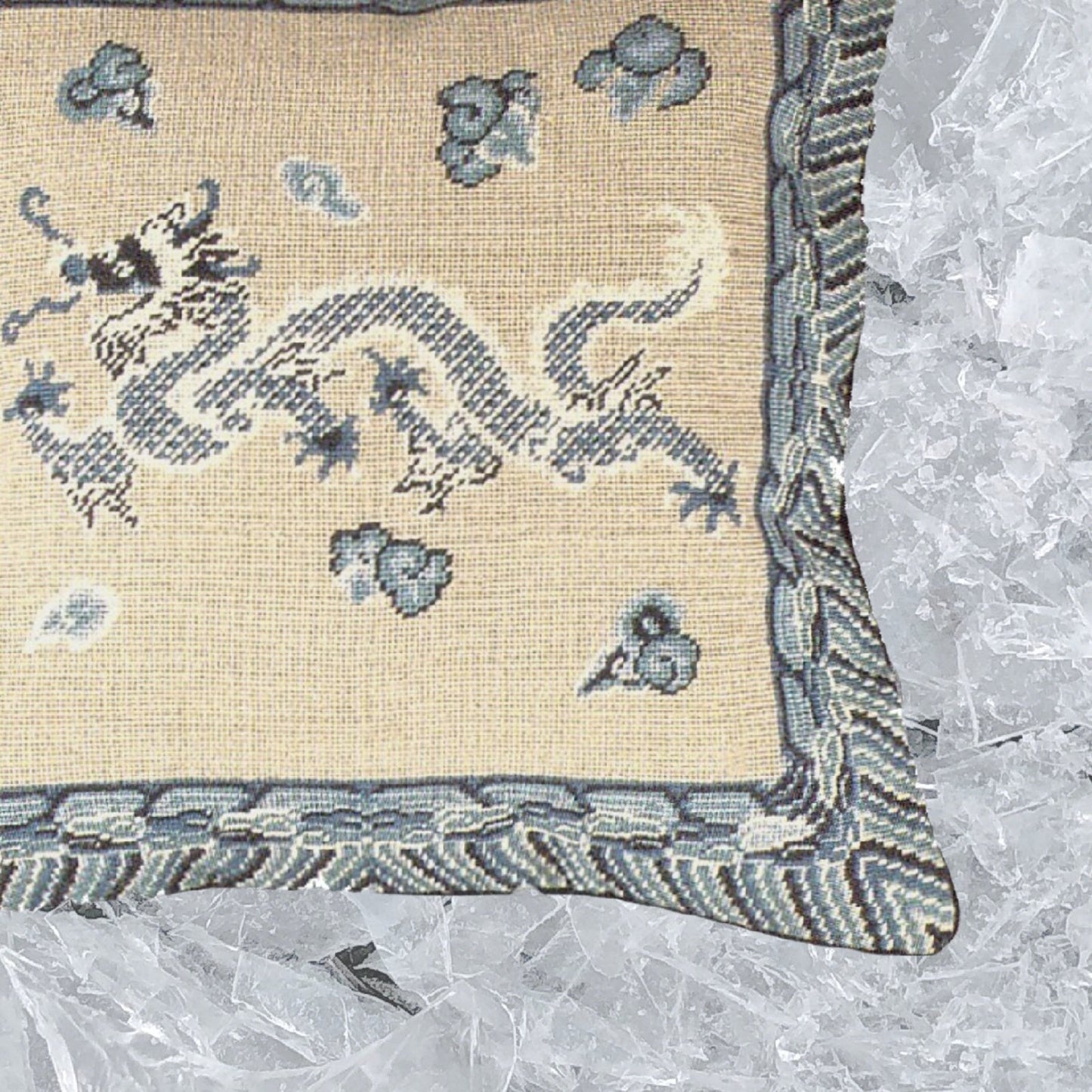 Handmade Wool Needlepoint Pillow Cover - Decorative Throw Cushion Cover - Vintage Floral Embroidery Design  blue/white Dragon