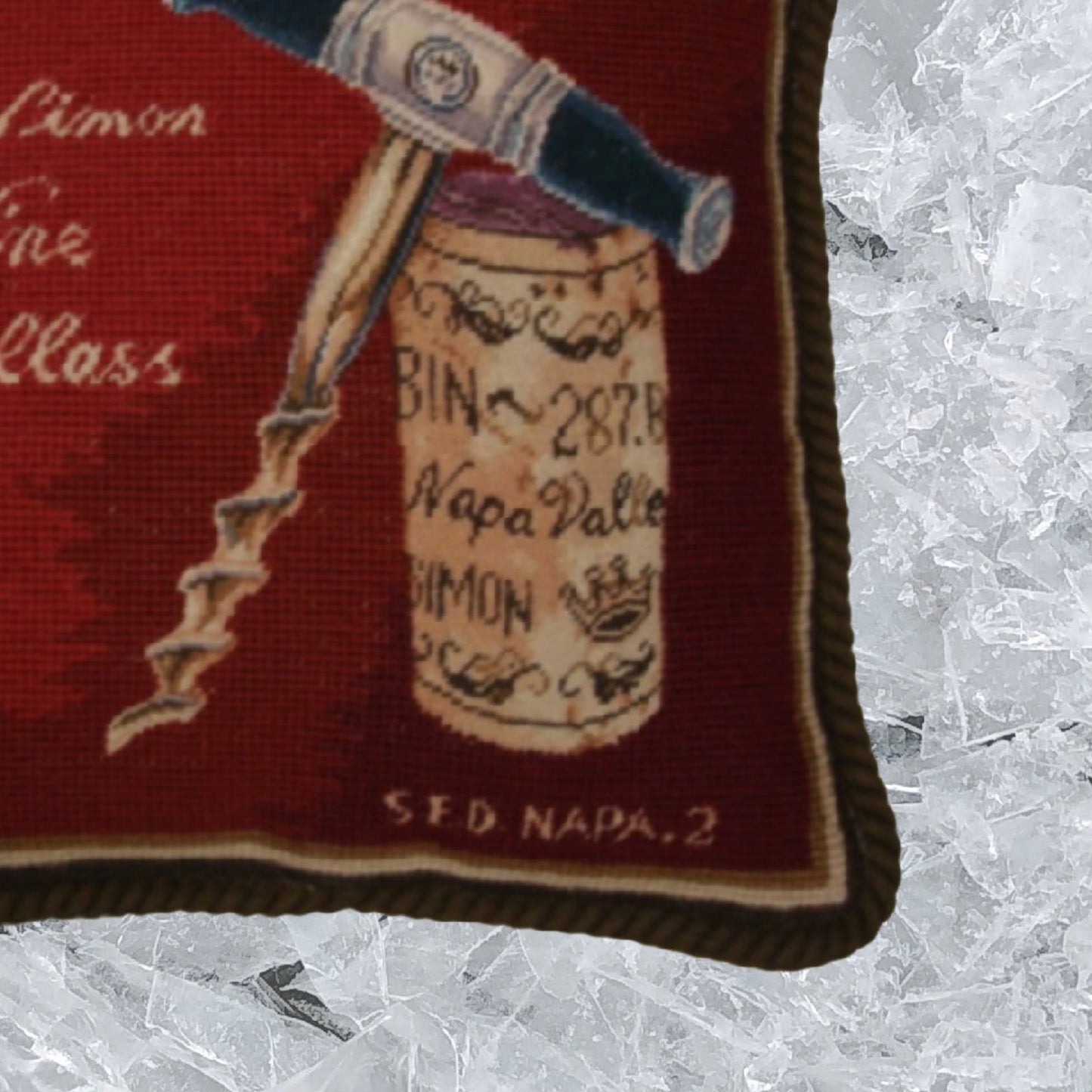 Handmade Wool Needlepoint Pillow Cover - Decorative Throw Cushion Cover - Vintage Floral Embroidery Design pin & cork red back Angela Staehling designBine 287 with cording