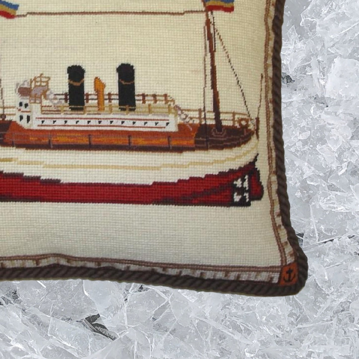 Handmade Wool Needlepoint Pillow Cover - Decorative Throw Cushion Cover - Vintage Floral Embroidery Design  boat with brown cording