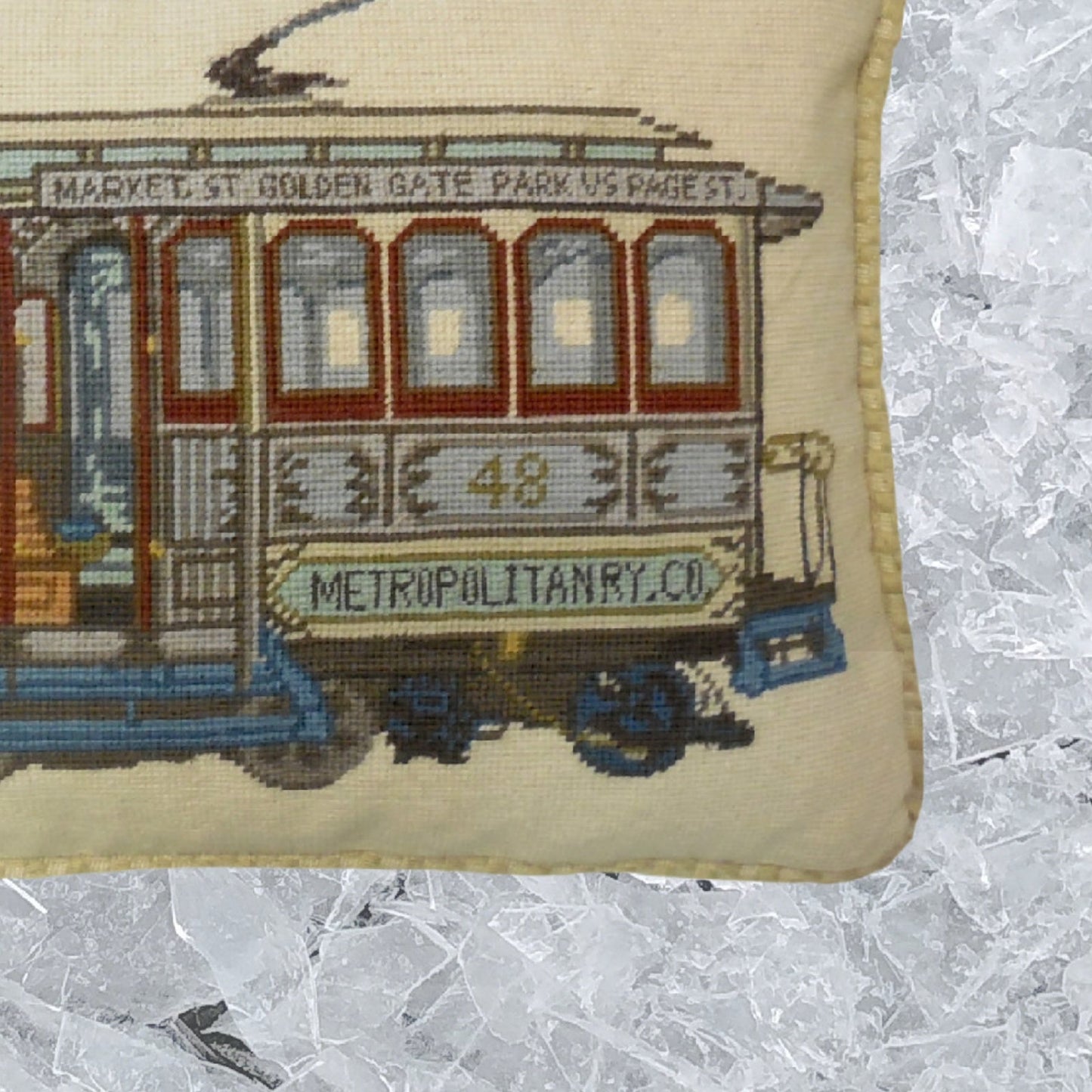 Handmade Wool Needlepoint Pillow Cover - Decorative Throw Cushion Cover - Vintage Floral Embroidery Design  of SF cable car Market-GGP-Page St checker cording