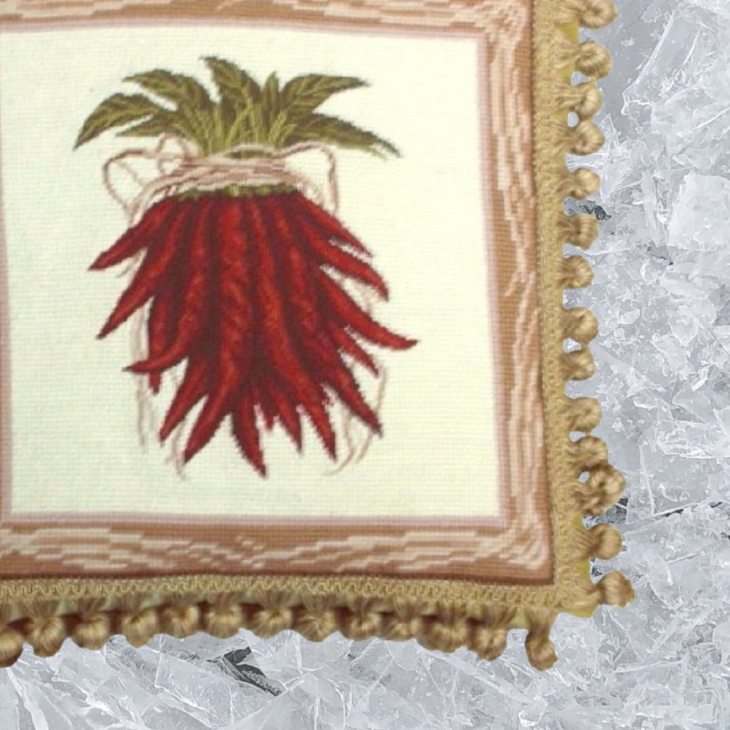 Handmade Wool Needlepoint Pillow Cover - Decorative Throw Cushion Cover - Vintage Floral Embroidery Design red pepper with tassel