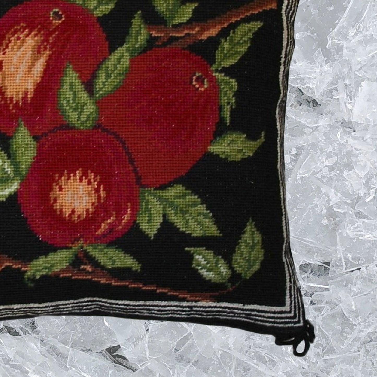 Handmade Wool Needlepoint Pillow Cover - Decorative Throw Cushion Cover - Vintage Floral Embroidery Design red apples black background