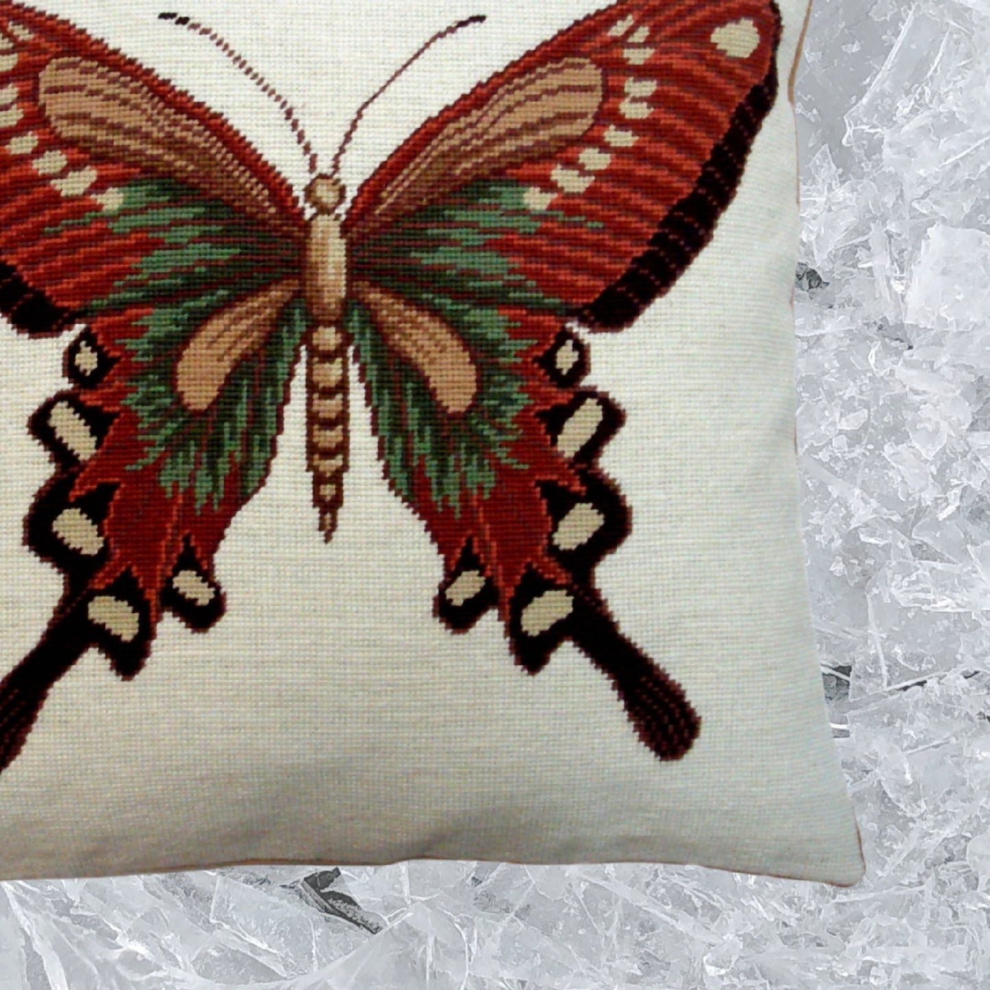 Handmade Wool Needlepoint Pillow Cover - Decorative Throw Cushion Cover - Vintage Floral Embroidery Design big butterfly