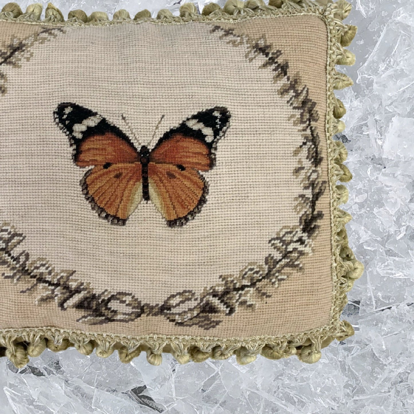 Handmade Wool Needlepoint Pillow Cover - Decorative Throw Cushion Cover - Vintage Floral Embroidery Design orange butterfly with 2 color tassel