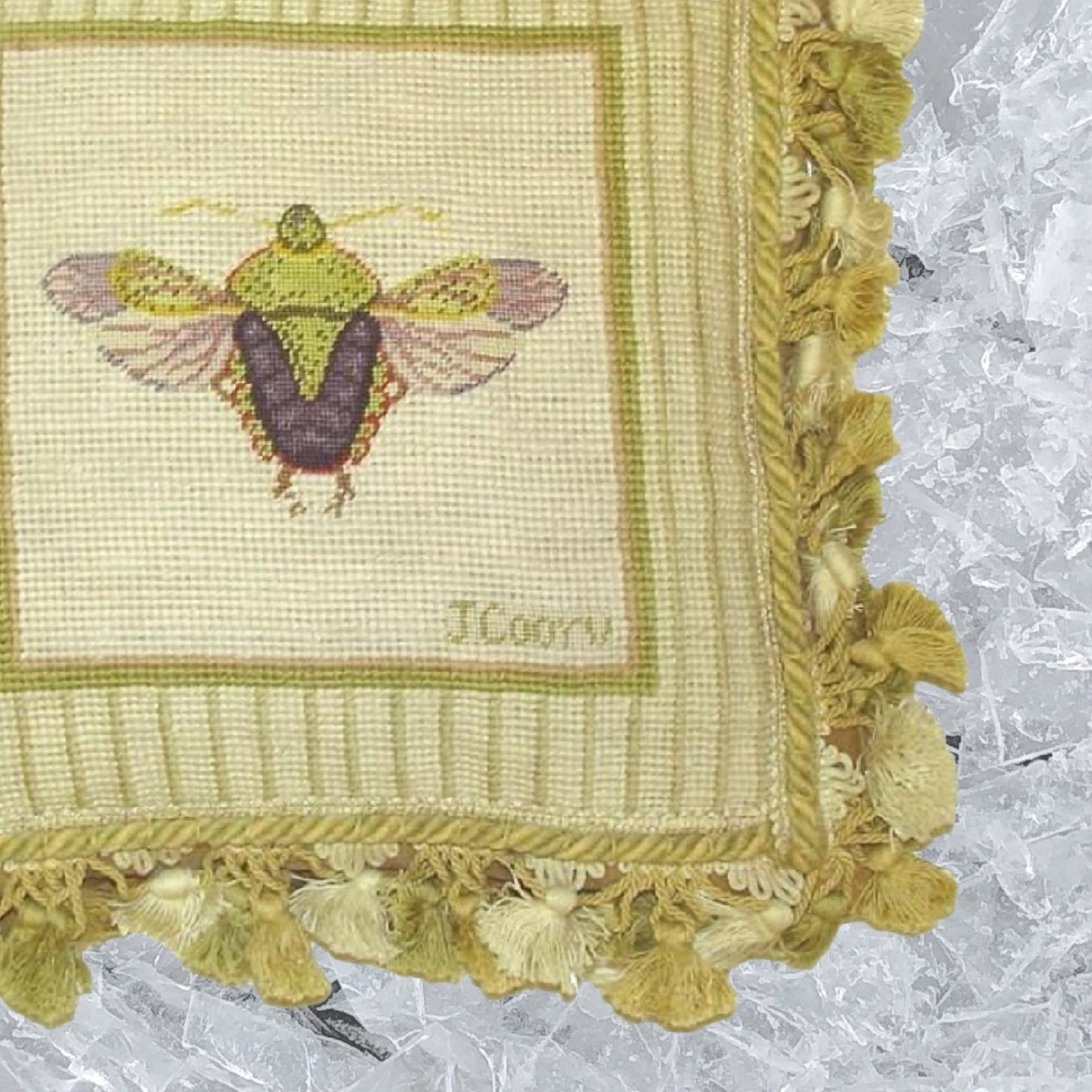 Handmade Wool Needlepoint Pillow Cover - Decorative Throw Cushion Cover - Vintage Floral Embroidery Design Jan Cooleys Stink Bug Finest insect Flyer grosspoint background with tassels