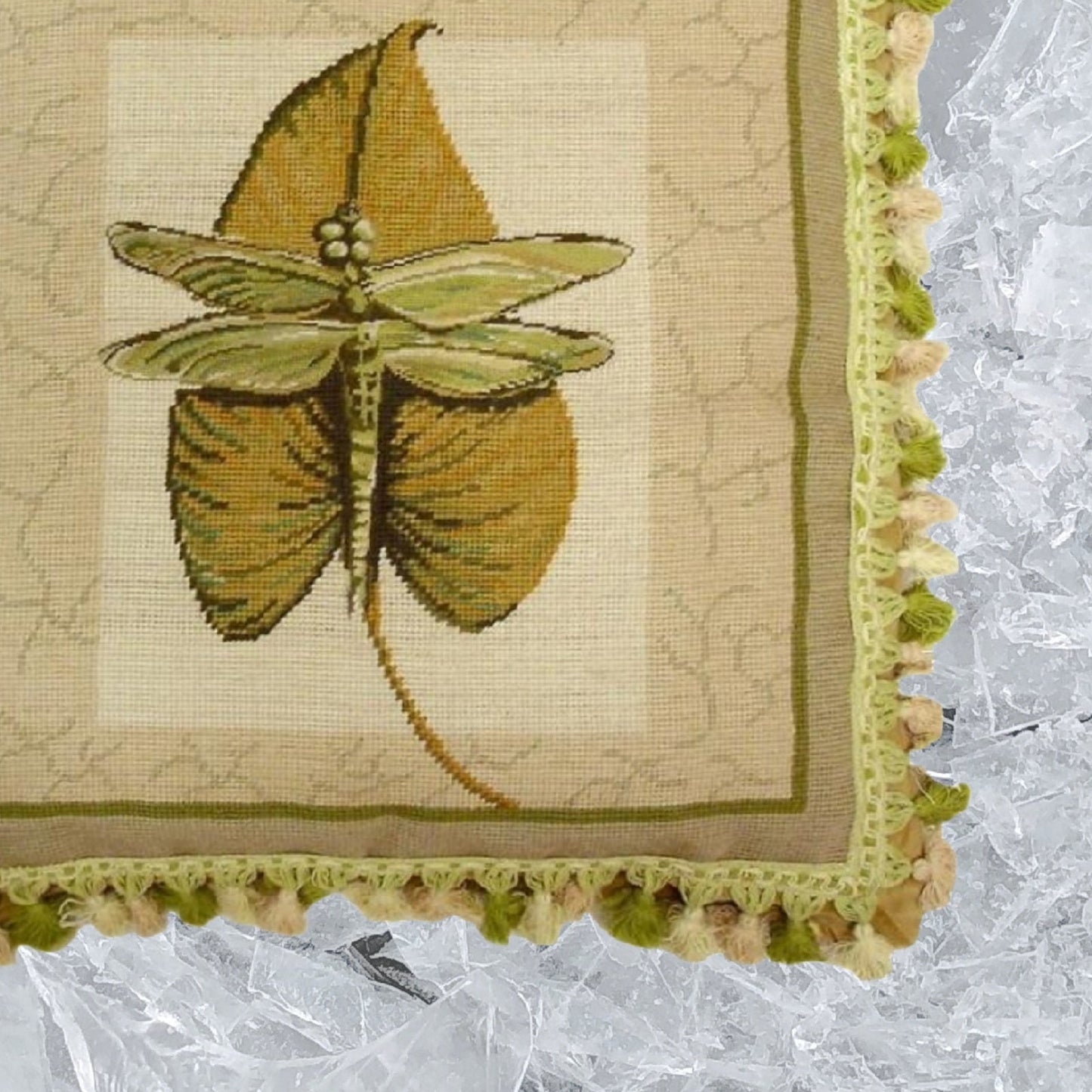 Handmade Wool Needlepoint Pillow Cover - Decorative Throw Cushion Cover - Vintage Floral Embroidery Design dragonfly background 2 color tassel