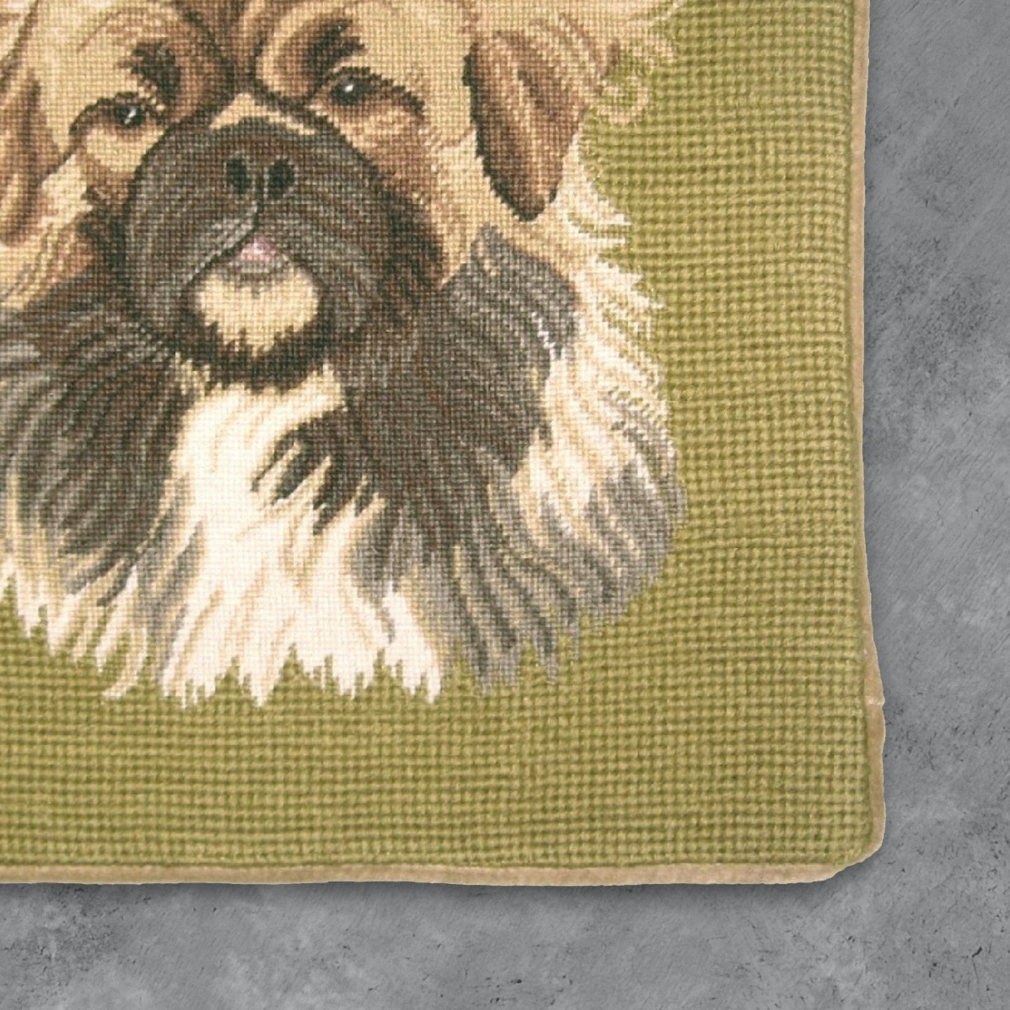 Handmade Wool Needlepoint Pillow Cover - Decorative Throw Cushion Cover - Vintage Floral Embroidery Design  Pekinese