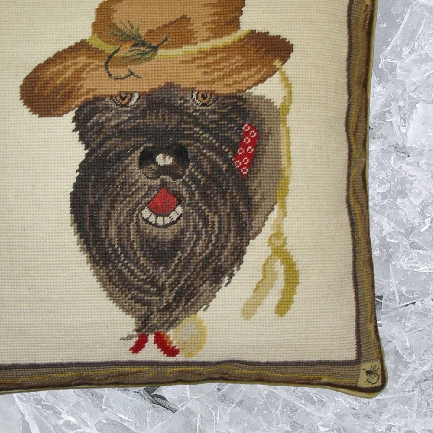 Handmade Wool Needlepoint Pillow Cover - Decorative Throw Cushion Cover - Vintage Floral Embroidery Design on , Pams 1st Schnauzer