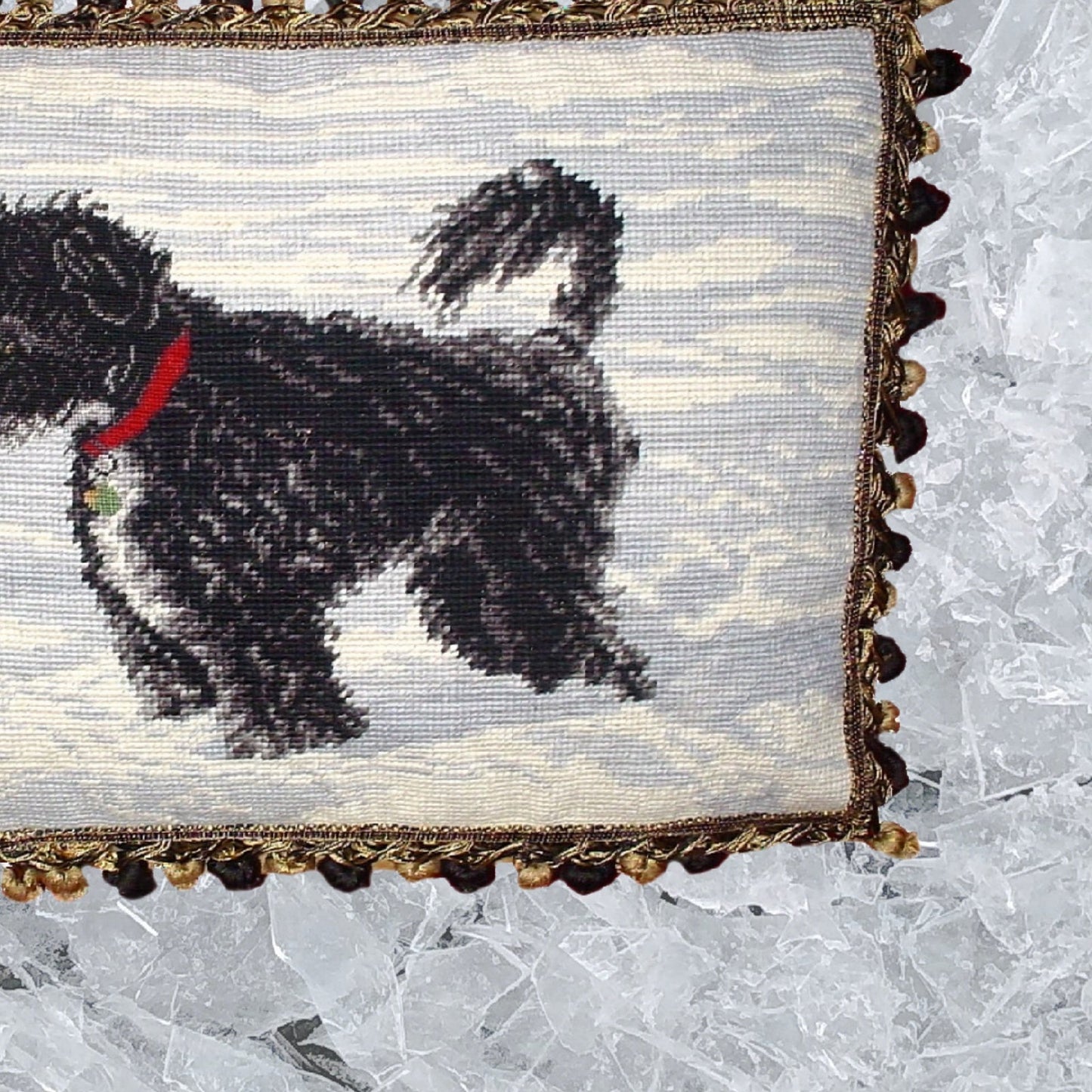 Handmade Wool Needlepoint Pillow Cover - Decorative Throw Cushion Cover - Vintage Floral Embroidery Design on WaterSpaniels face others 2 color tassels