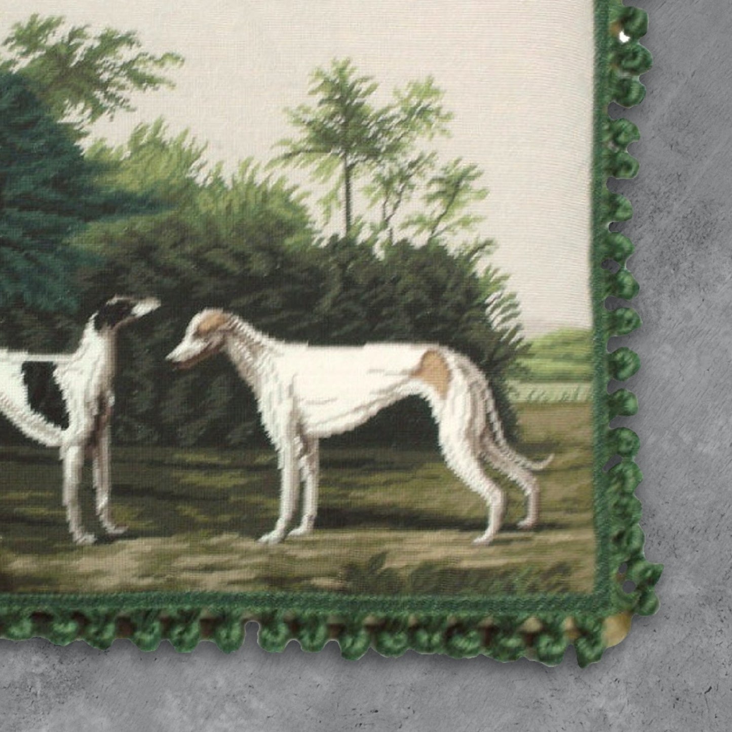 Handmade Wool Needlepoint Pillow Cover - Decorative Throw Cushion Cover - Vintage Floral Embroidery Design  2 Greyhound with tassels