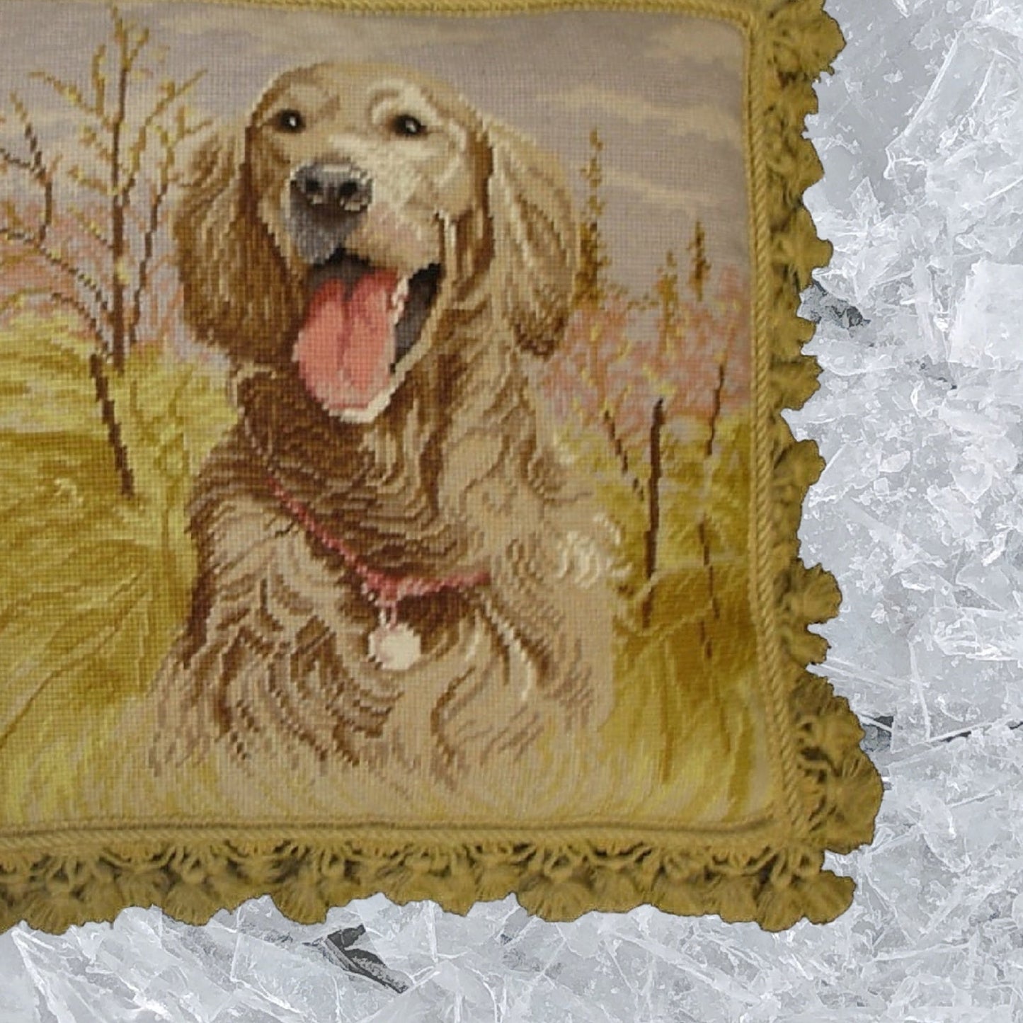 Handmade Wool Needlepoint Pillow Cover - Decorative Throw Cushion Cover - Vintage Floral Embroidery Design gold lab with tassel