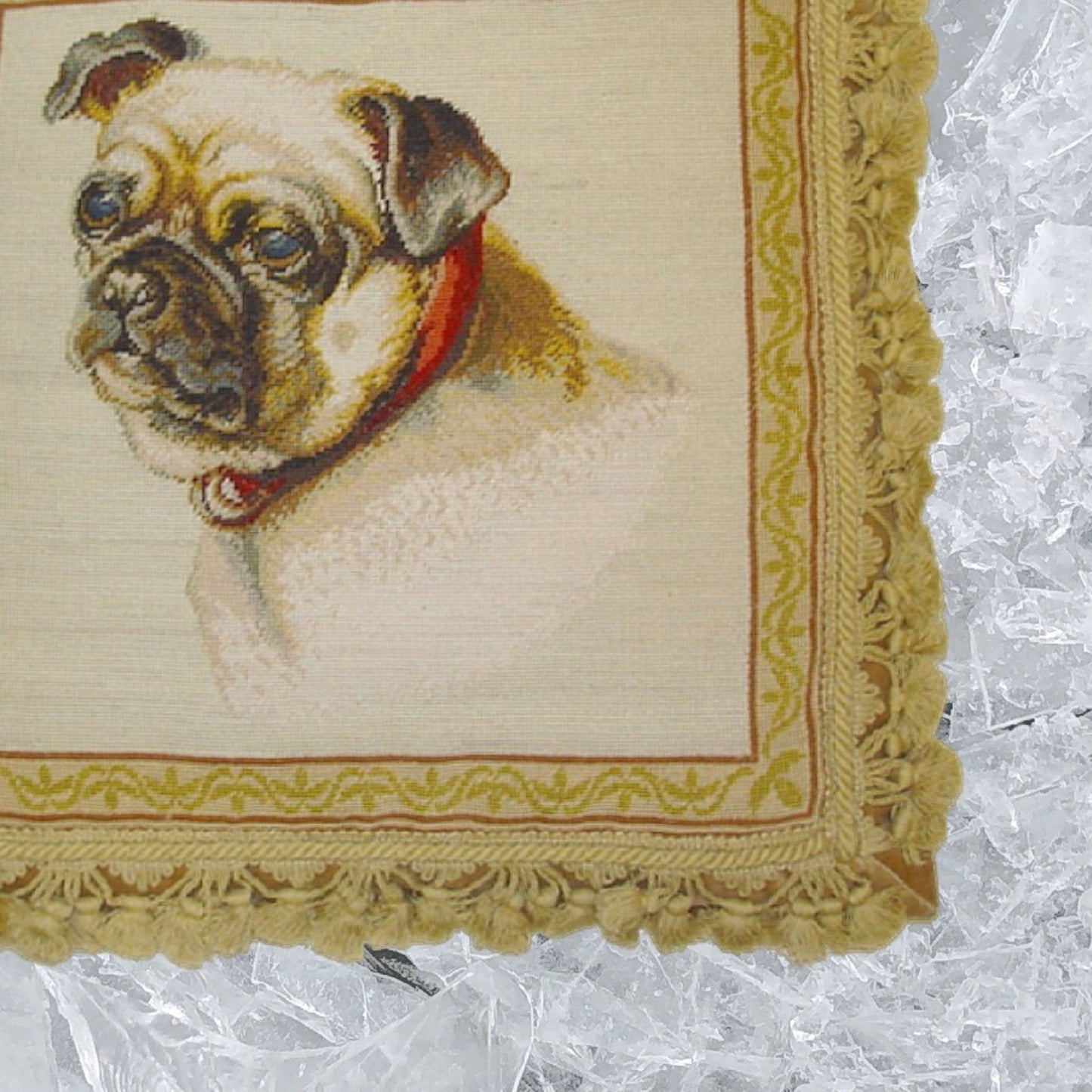 Handmade Wool Needlepoint Pillow Cover - Decorative Throw Cushion Cover - Vintage Floral Embroidery Design  Pug dog nature background