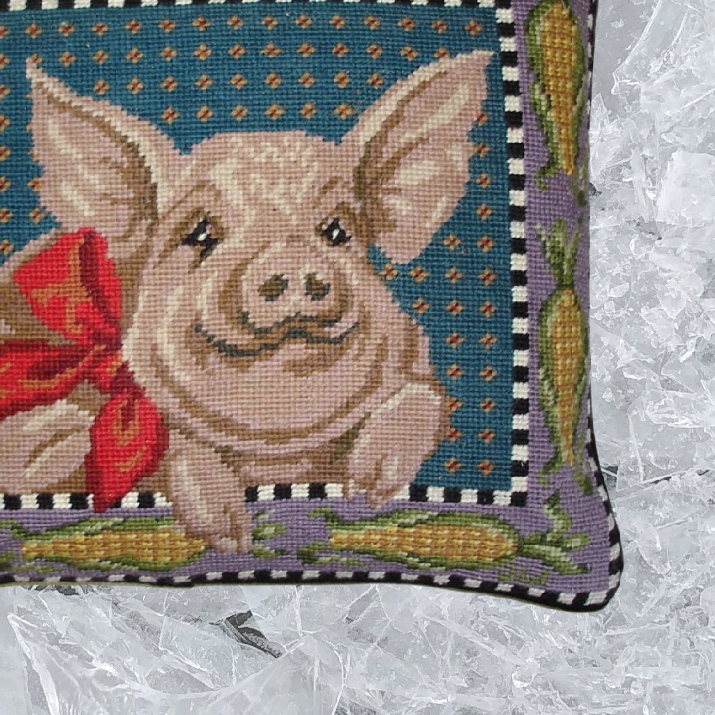 Handmade Wool Needlepoint Pillow Cover - Decorative Throw Cushion Cover - Vintage Floral Embroidery Design pig around by corn