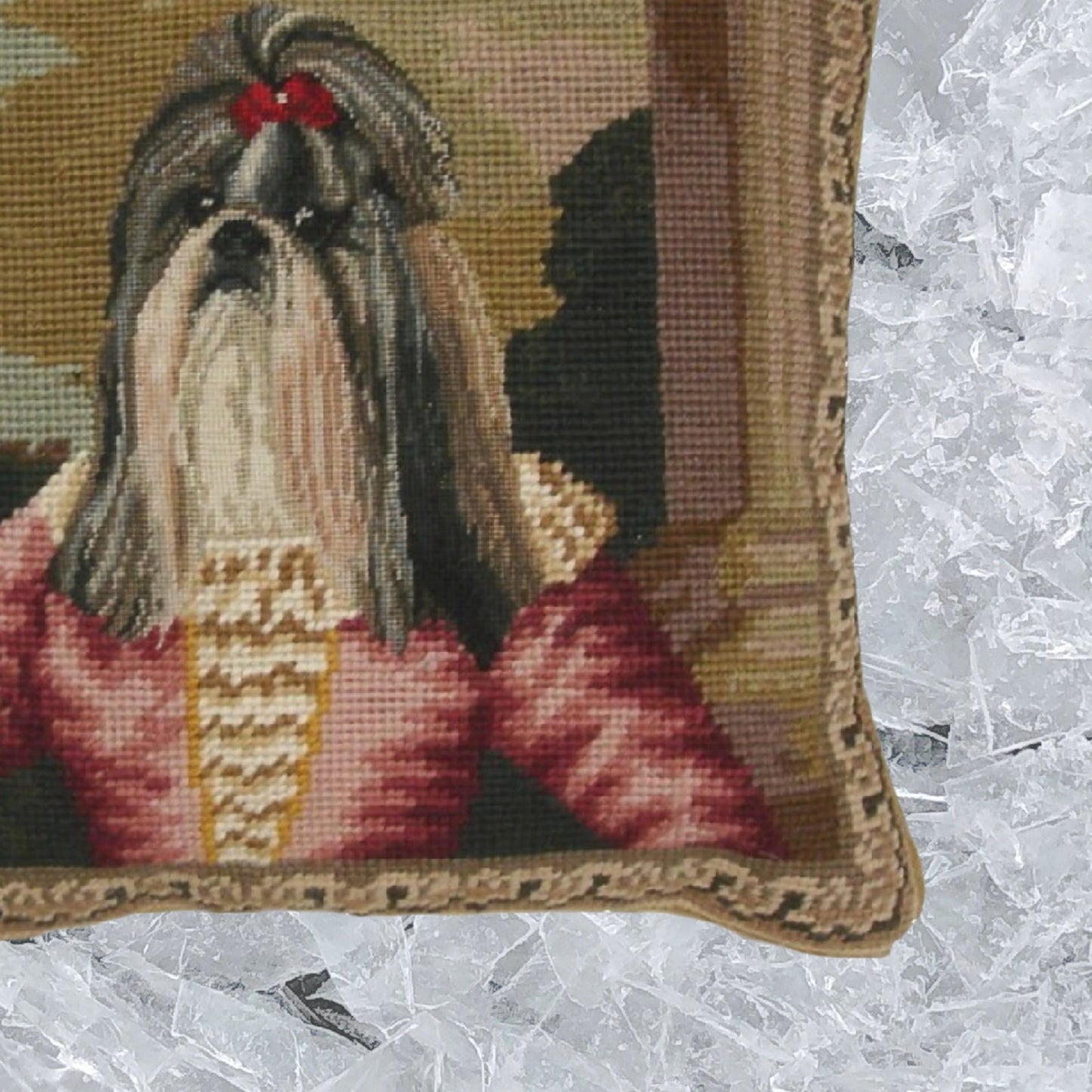 Handmade Wool Needlepoint Pillow Cover - Decorative Throw Cushion Cover - Vintage Floral Embroidery Design Shih Tzu background grosspoint