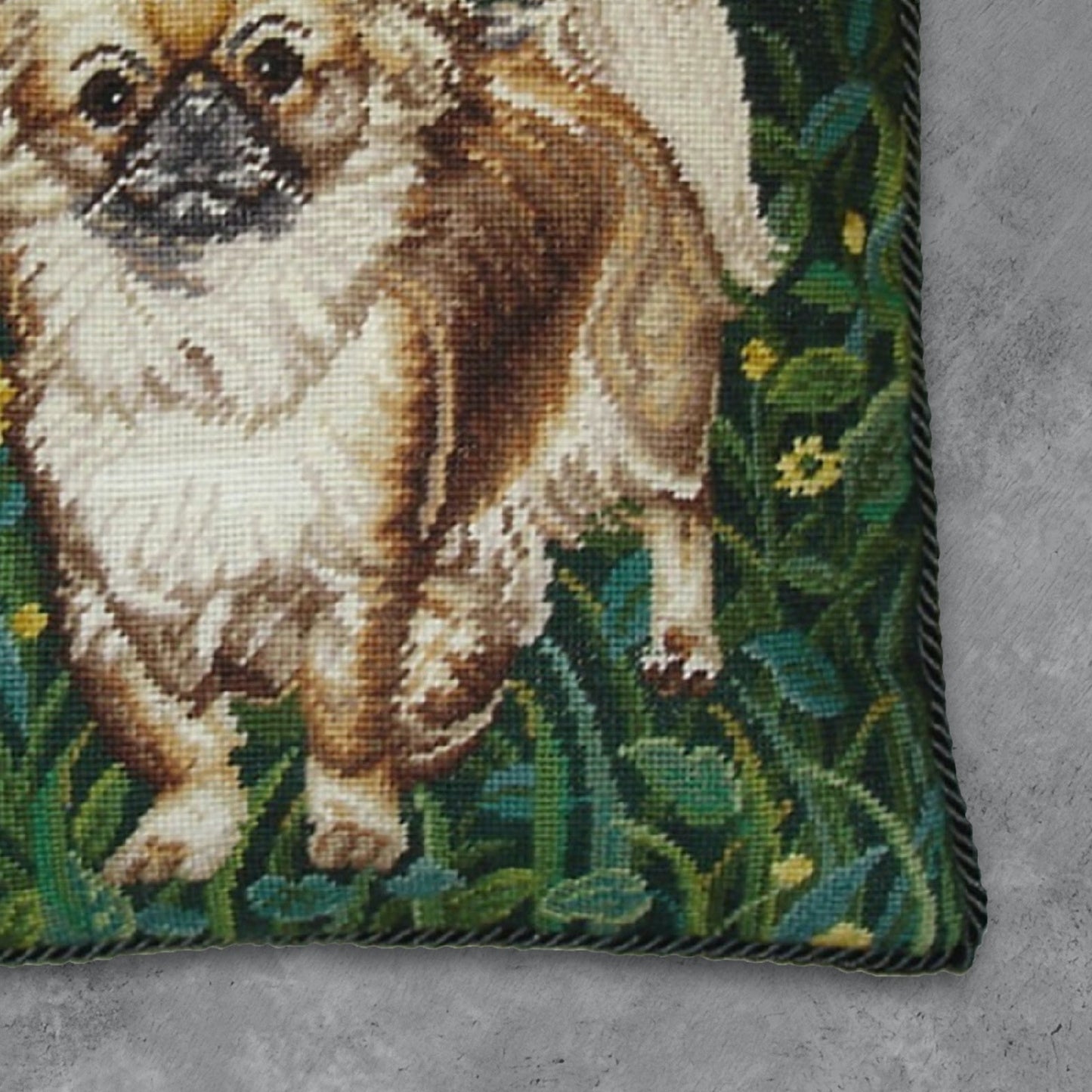 Handmade Wool Needlepoint Pillow Cover - Decorative Throw Cushion Cover - Vintage Floral Embroidery Design white Pekingness green cording