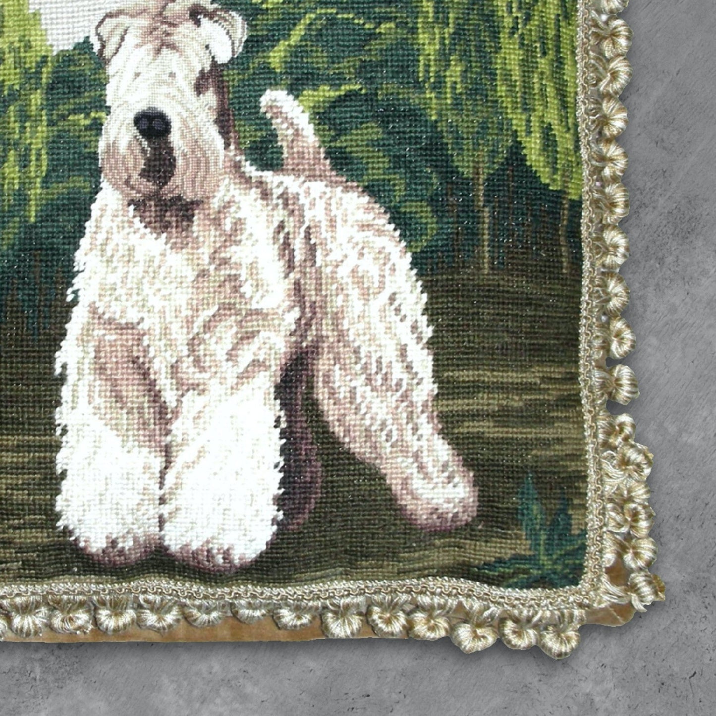 Handmade Wool Needlepoint Pillow Cover - Decorative Throw Cushion Cover - Vintage Floral Embroidery Design white Wheaten Terrie face rest with tassels