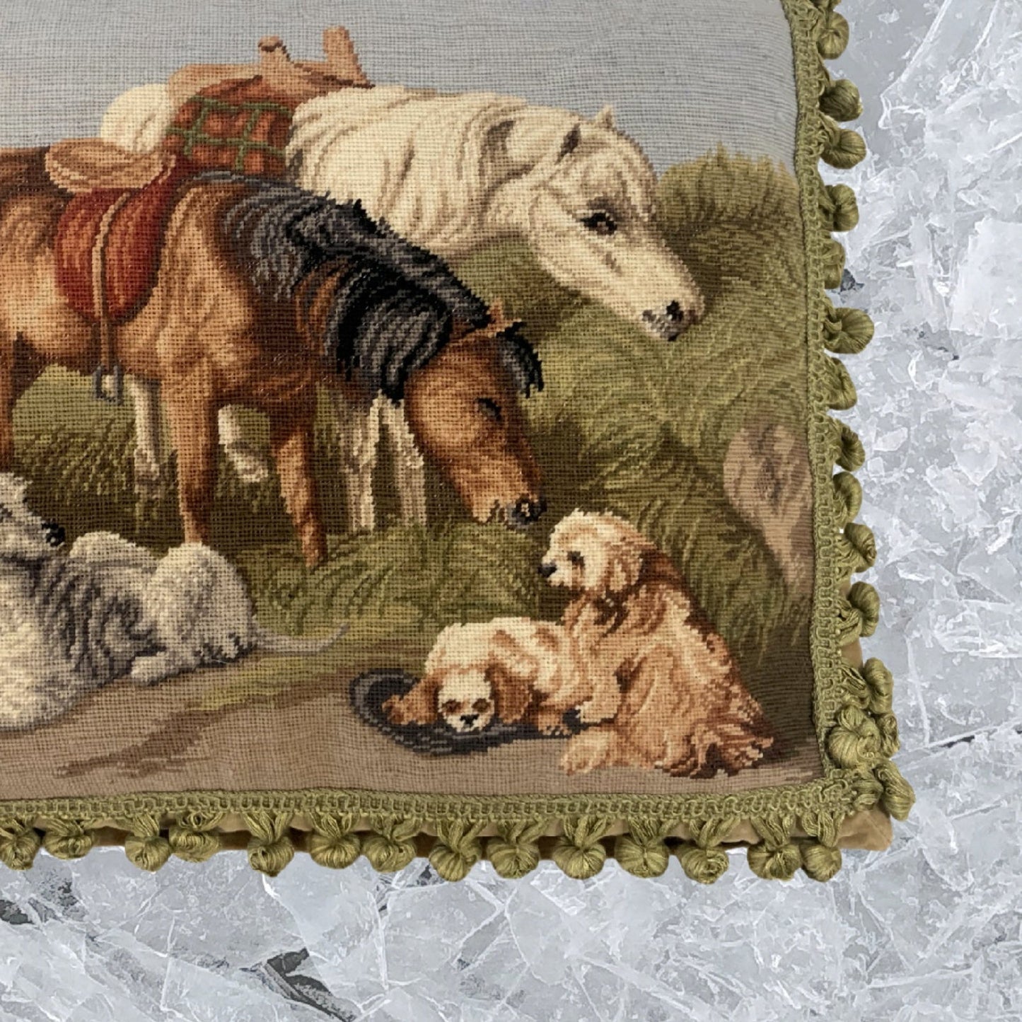 Handmade Wool Needlepoint Pillow Cover - Decorative Throw Cushion Cover - Vintage Floral Embroidery Design  Horses & Dogs with 2 color tassels