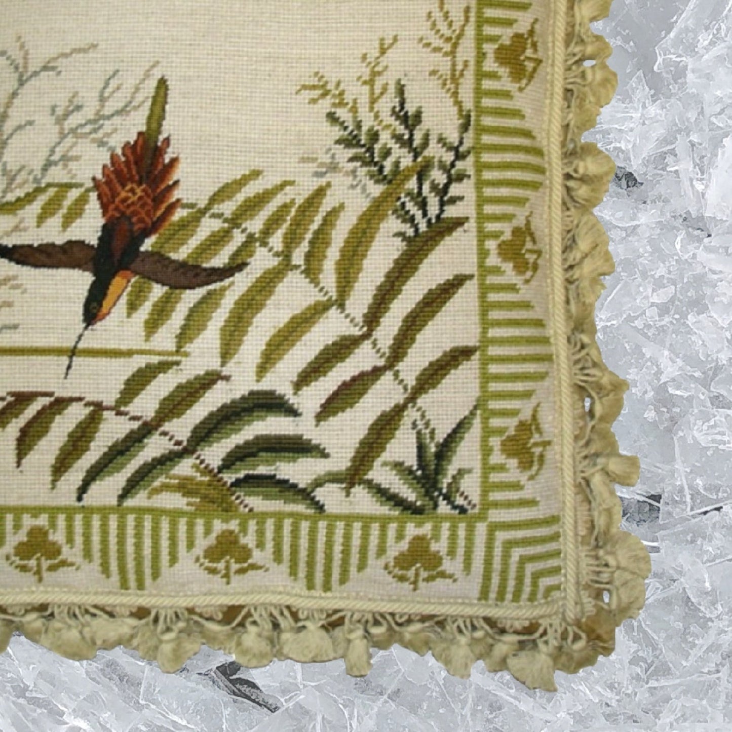 Handmade Wool Needlepoint Pillow Cover - Decorative Throw Cushion Cover - Vintage Floral Embroidery Design 1 bird & ferns)