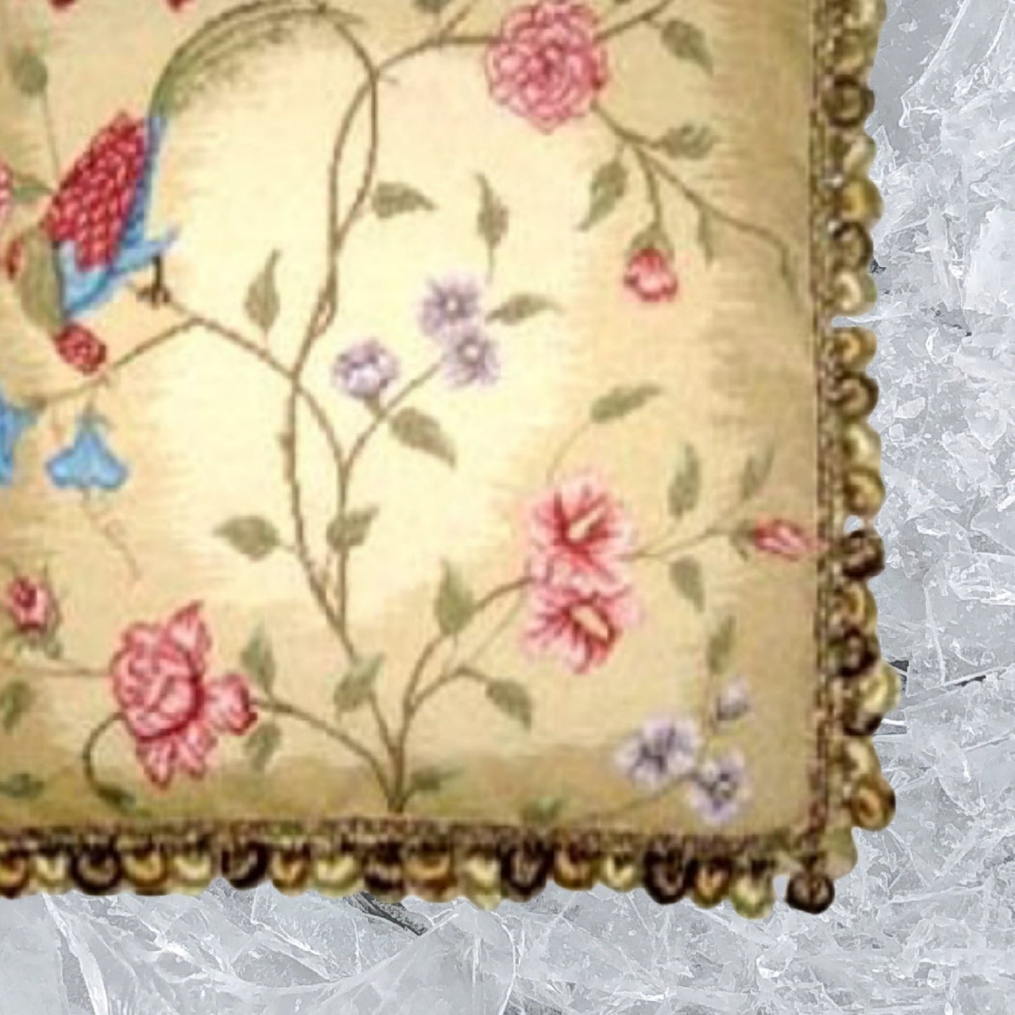 Handmade Wool Needlepoint Pillow Cover - Decorative Throw Cushion Cover - Vintage Floral Embroidery Design  red/blue phoenix & plum in blossom with 3 color tassels 1