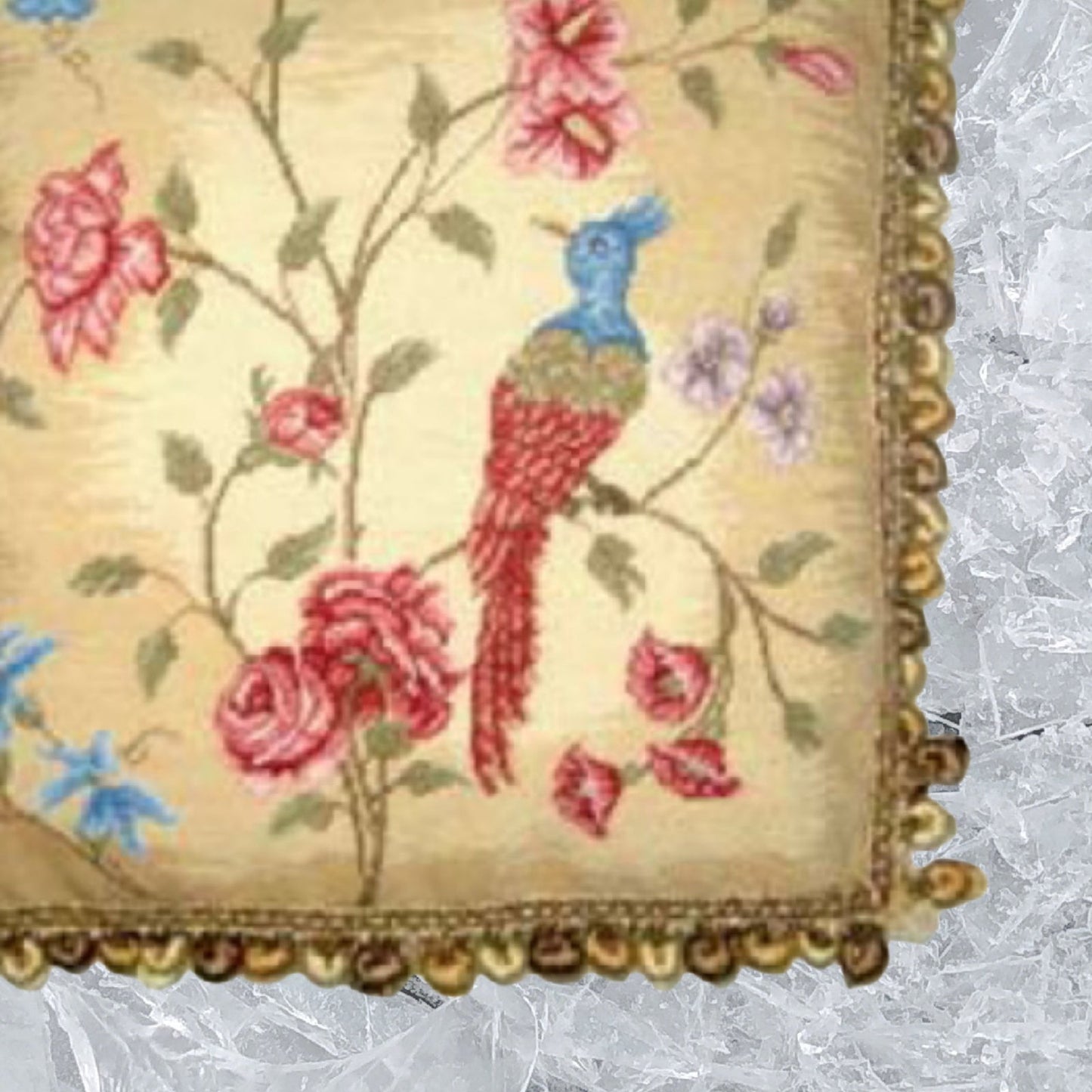 Handmade Wool Needlepoint Pillow Cover - Decorative Throw Cushion Cover - Vintage Floral Embroidery Design  red/blue phoenix & plum in blossom with 3 color tassels