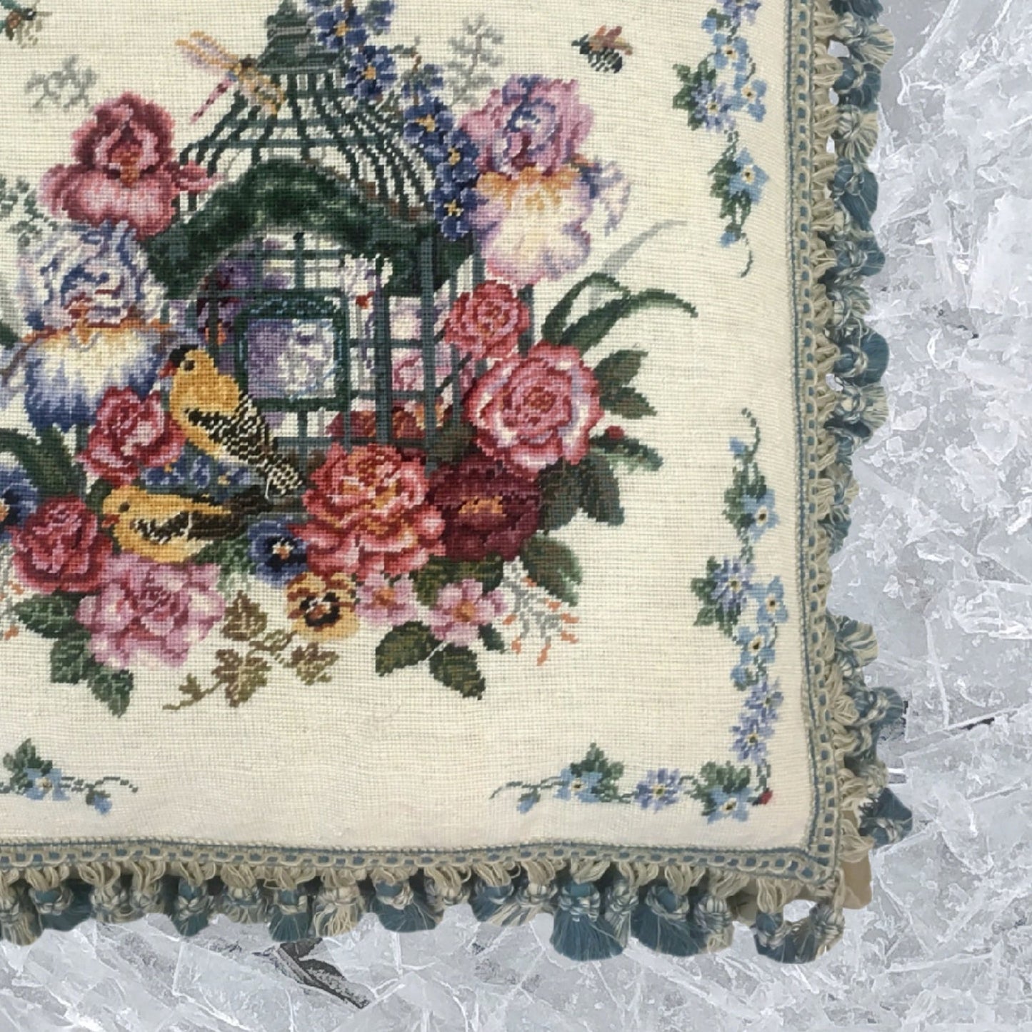 Handmade Wool Needlepoint Pillow Cover - Decorative Throw Cushion Cover - Vintage Floral Embroidery Design  yellow birds with tassel