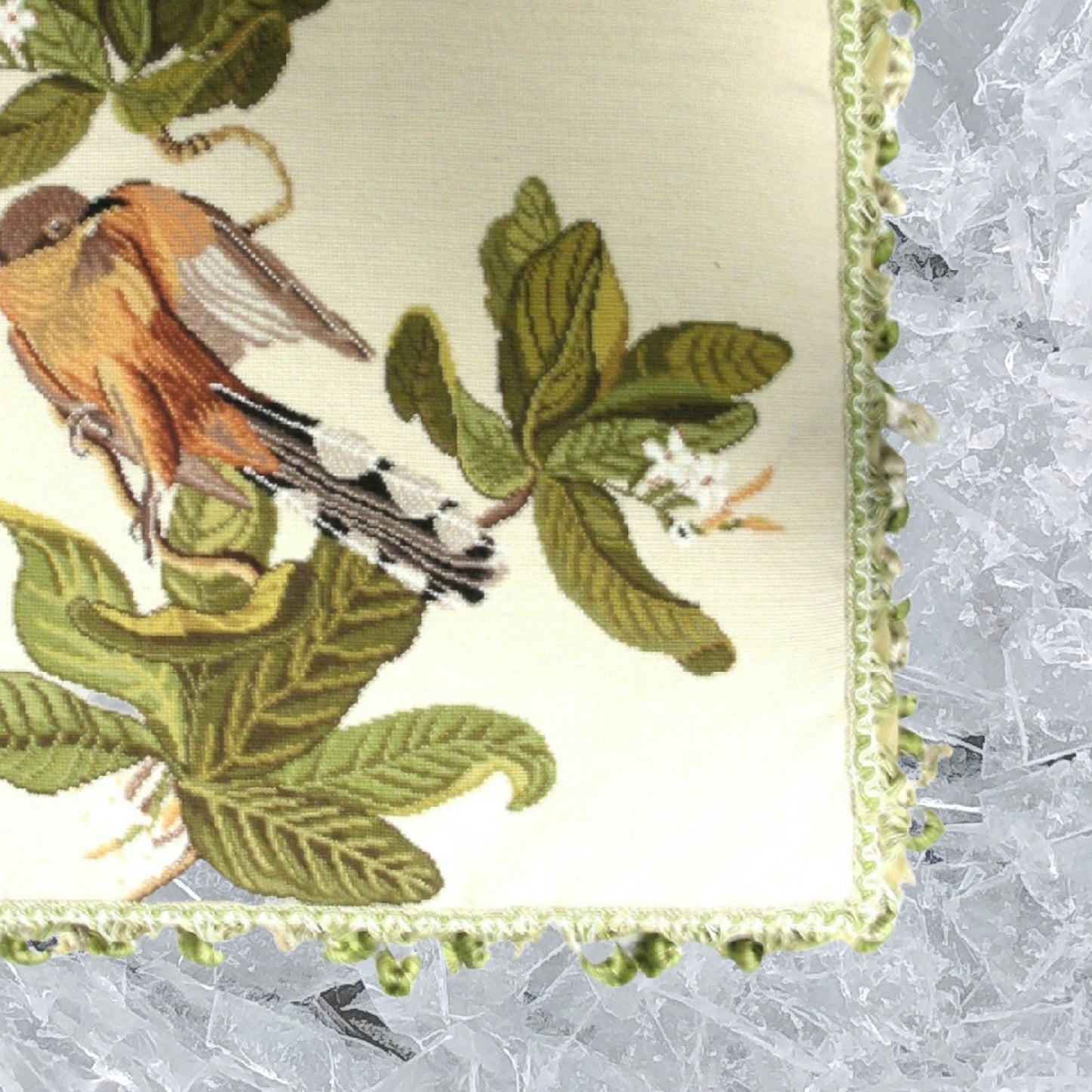 Handmade Wool Needlepoint Pillow Cover - Decorative Throw Cushion Cover - Vintage Floral Embroidery Design  bird & dogwood with 2 color tassel