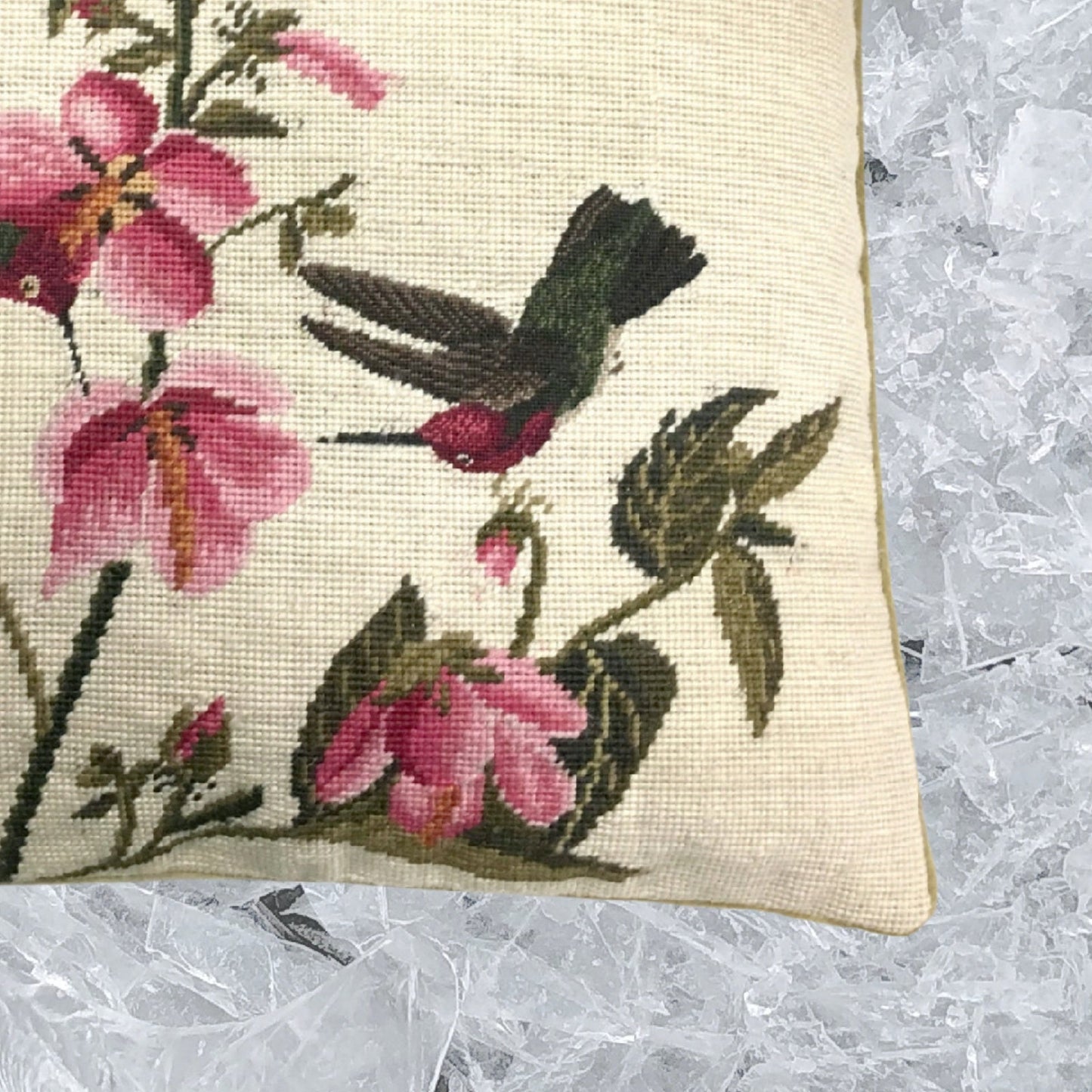 Handmade Wool Needlepoint Pillow Cover - Decorative Throw Cushion Cover - Vintage Floral Embroidery Design 2 humming birds pink flowers