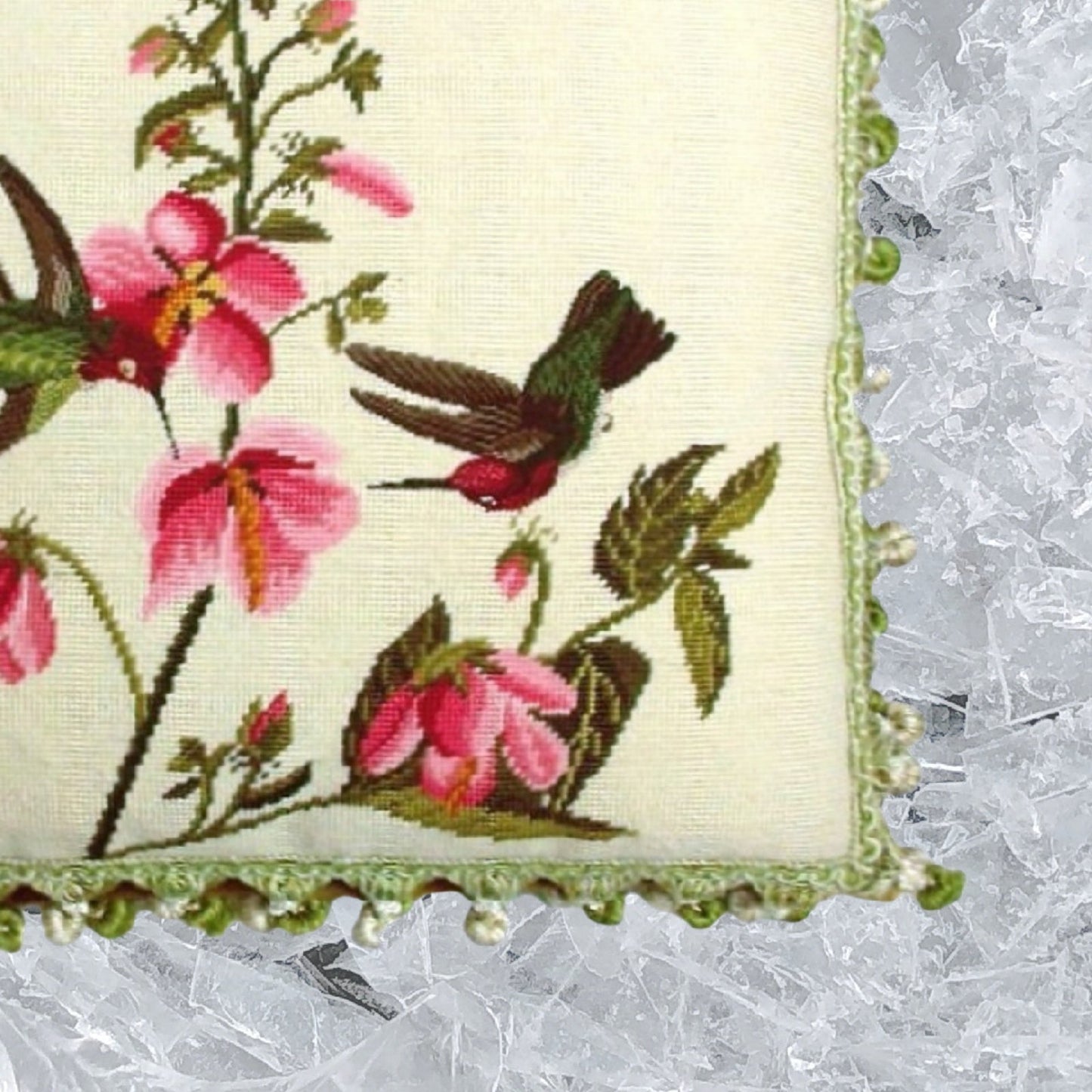 Handmade Wool Needlepoint Pillow Cover - Decorative Throw Cushion Cover - Vintage Floral Embroidery Design 2 humming birds pink flowers with 3 color tassels