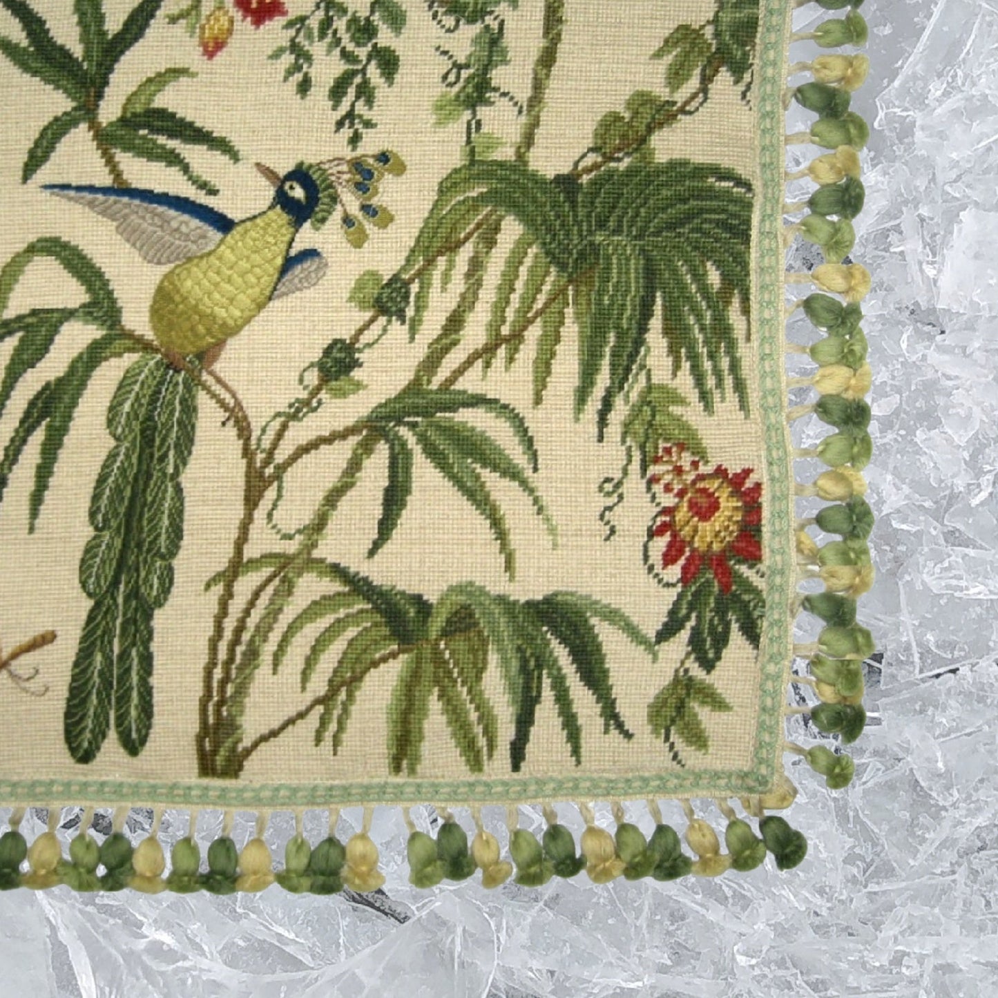 Handmade Wool Needlepoint Pillow Cover - Decorative Throw Cushion Cover - Vintage Floral Embroidery Design  blue phoenix with tassel