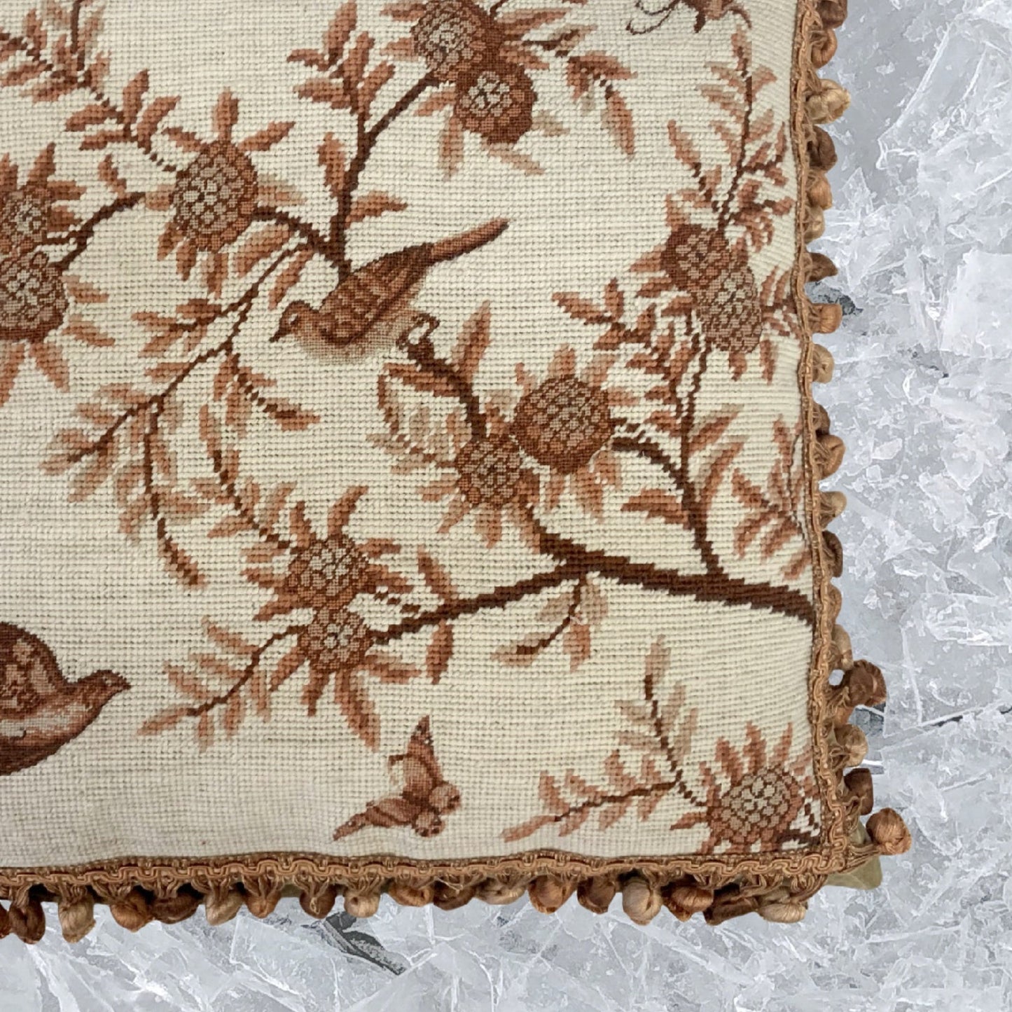 Handmade Wool Needlepoint Pillow Cover - Decorative Throw Cushion Cover - Vintage Floral Embroidery Design  antique tree  swallows butterfliers with tassels