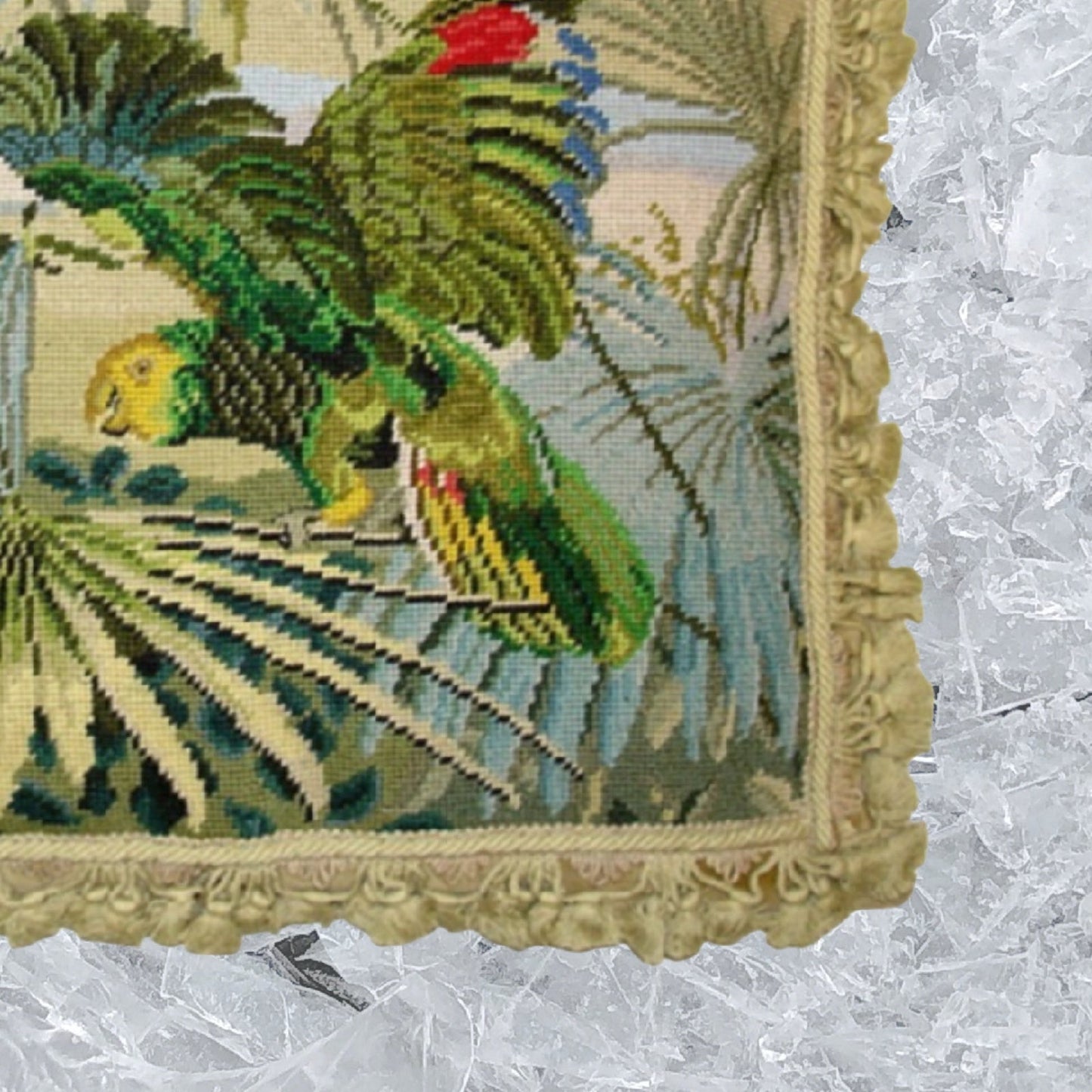 Handmade Wool Needlepoint Pillow Cover - Decorative Throw Cushion Cover - Vintage Floral Embroidery Design one parrot