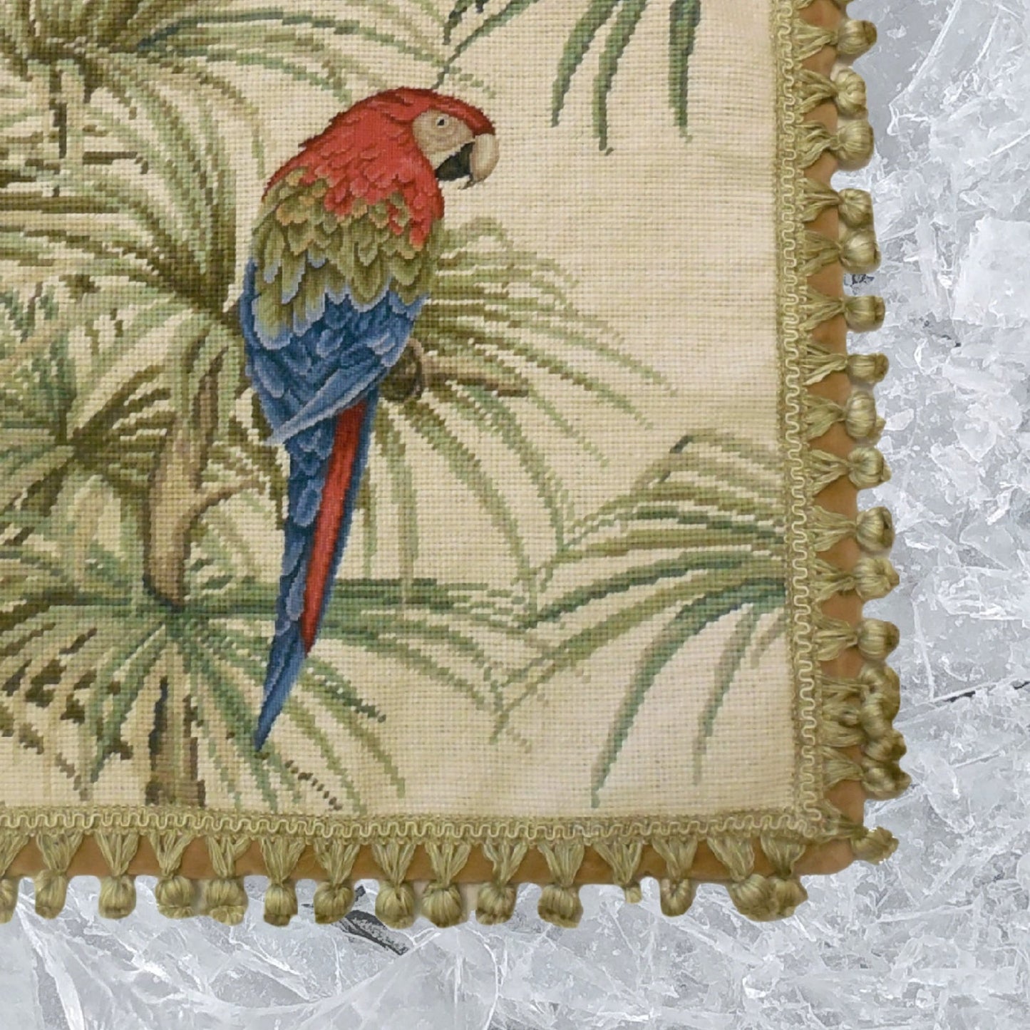 Handmade Wool Needlepoint Pillow Cover - Decorative Throw Cushion Cover - Vintage Floral Embroidery Design parrot with tassels