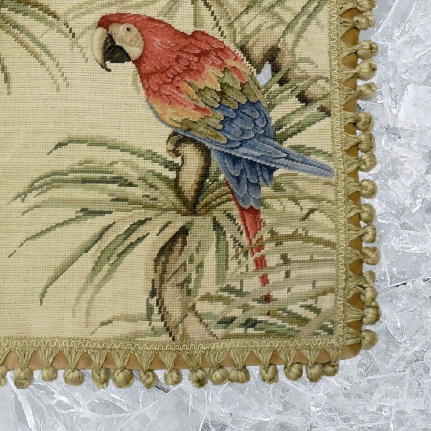 Handmade Wool Needlepoint Pillow Cover - Decorative Throw Cushion Cover - Vintage Floral Embroidery Design parrot with tassels