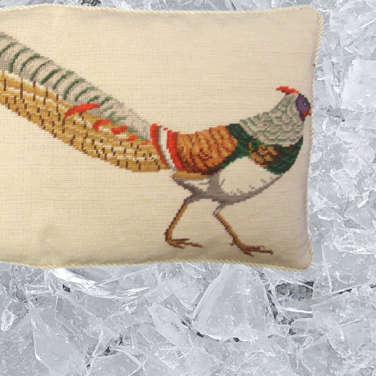 Handmade Wool Needlepoint Pillow Cover - Decorative Throw Cushion Cover - Vintage Floral Embroidery Design pheasant in green/yellow with cording
