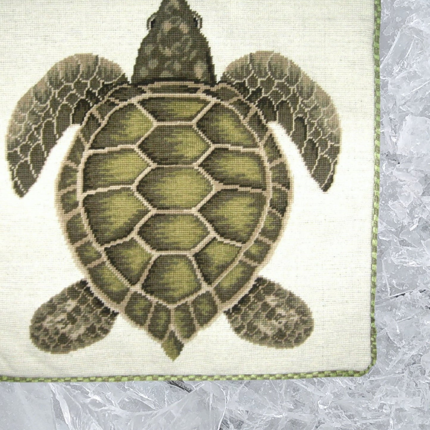 Handmade Wool Needlepoint Pillow Cover - Decorative Throw Cushion Cover - Vintage Floral Embroidery Design green turtle with cording