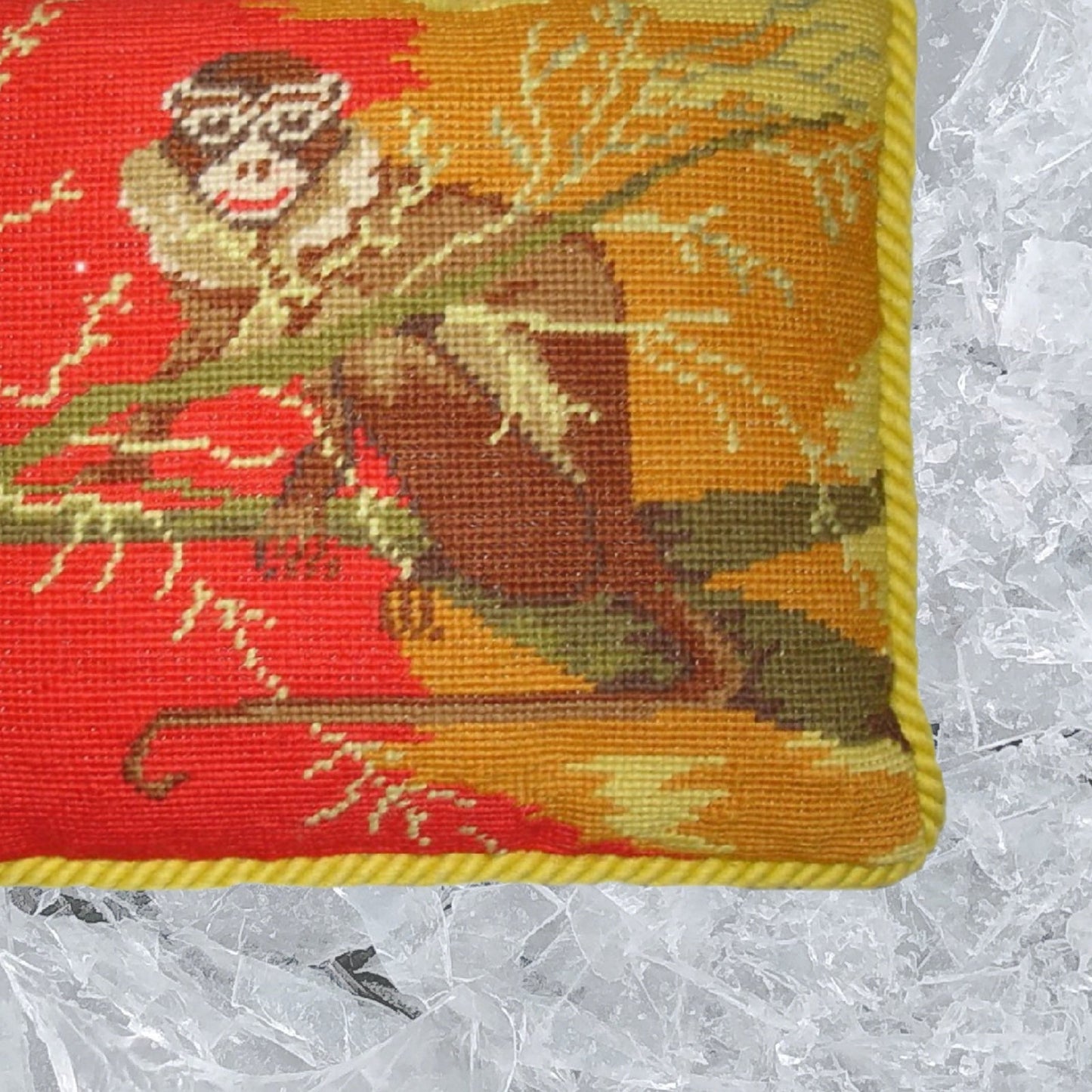 Handmade Wool Needlepoint Pillow Cover - Decorative Throw Cushion Cover - Vintage Floral Embroidery Design Patas on the tree bright background with gold cording