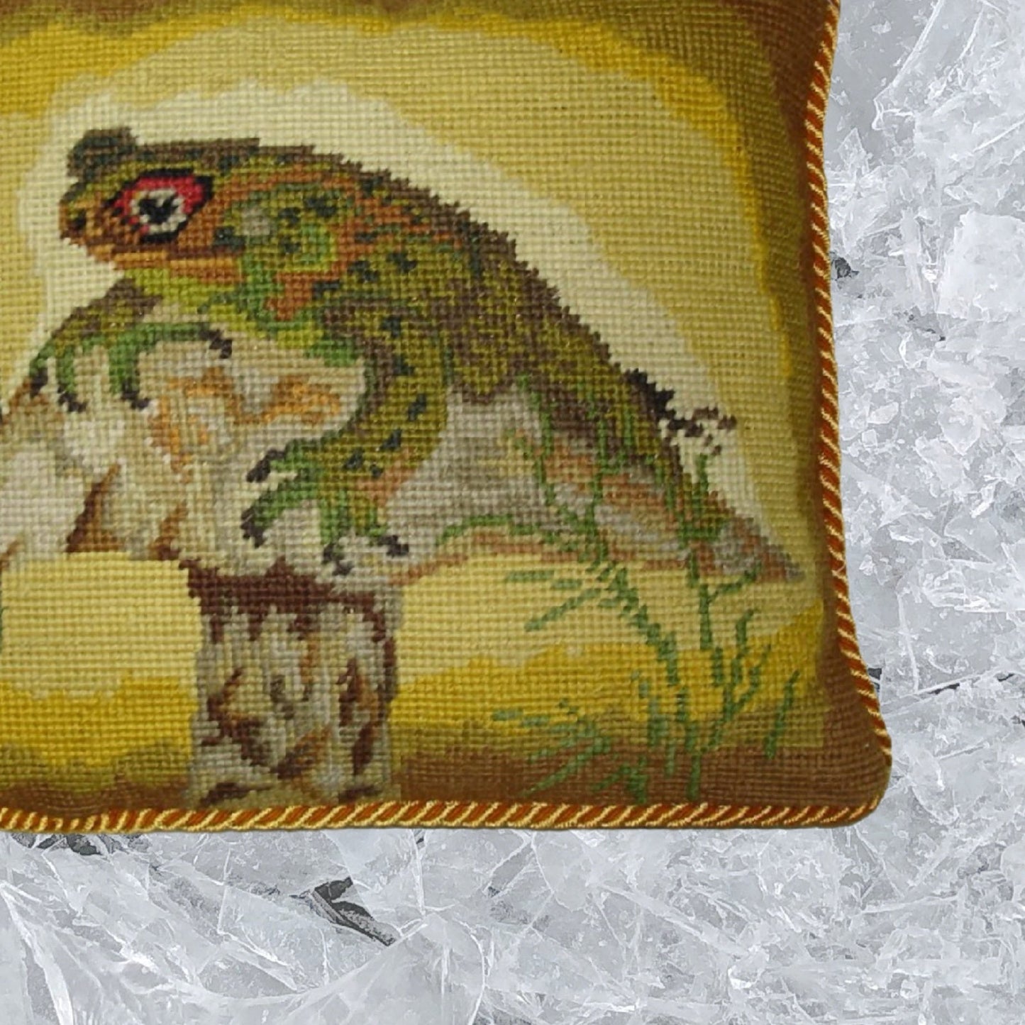 Handmade Wool Needlepoint Pillow Cover - Decorative Throw Cushion Cover - Vintage Floral Embroidery Design Frog on the mushroom with gold cording