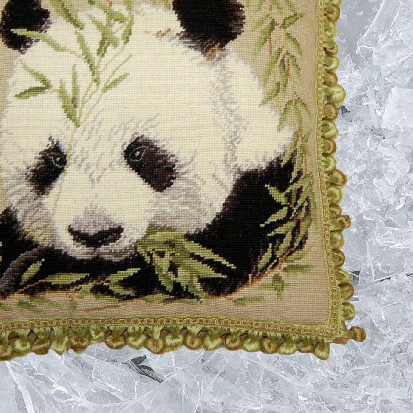 Handmade Wool Needlepoint Pillow Cover - Decorative Throw Cushion Cover - Vintage Floral Embroidery Design panda with tassels