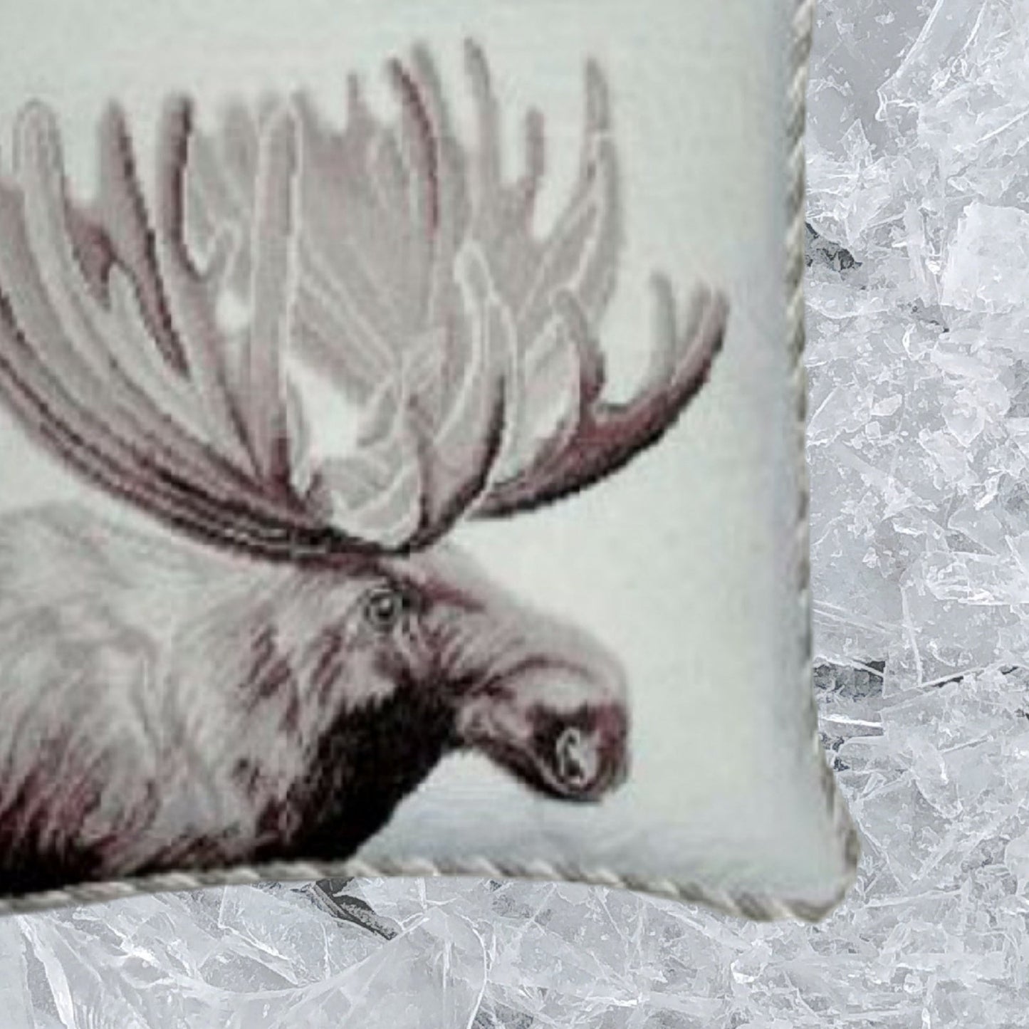 Handmade Wool Needlepoint Pillow Cover - Decorative Throw Cushion Cover - Vintage Floral Embroidery Design  Moose side with 3 color cording