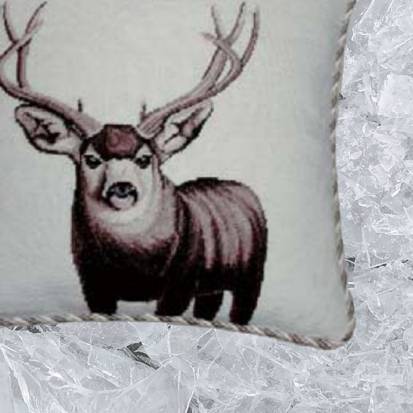 Handmade Wool Needlepoint Pillow Cover - Decorative Throw Cushion Cover - Vintage Floral Embroidery Design  Moose with 3 color cording