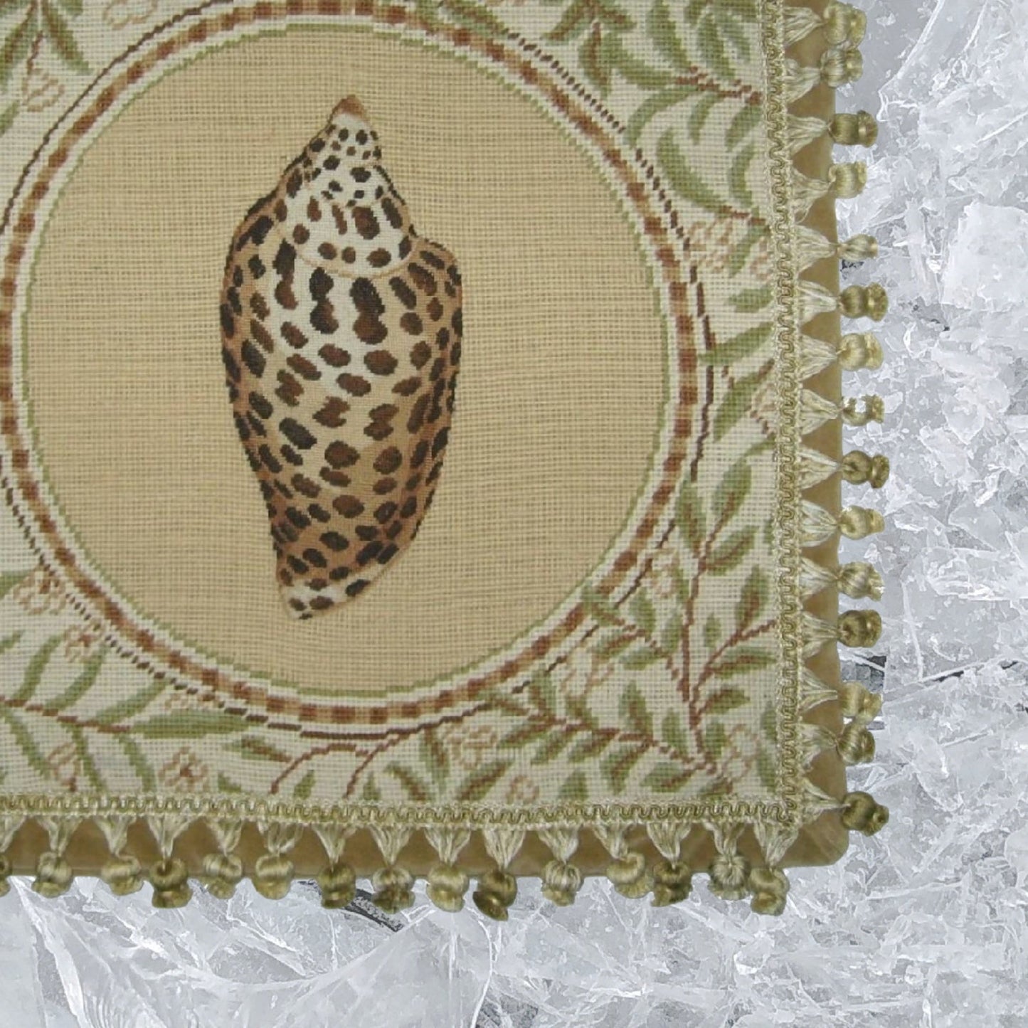 Handmade Wool Needlepoint Pillow Cover - Decorative Throw Cushion Cover - Vintage Floral Embroidery Design Conus shell with back and tassels