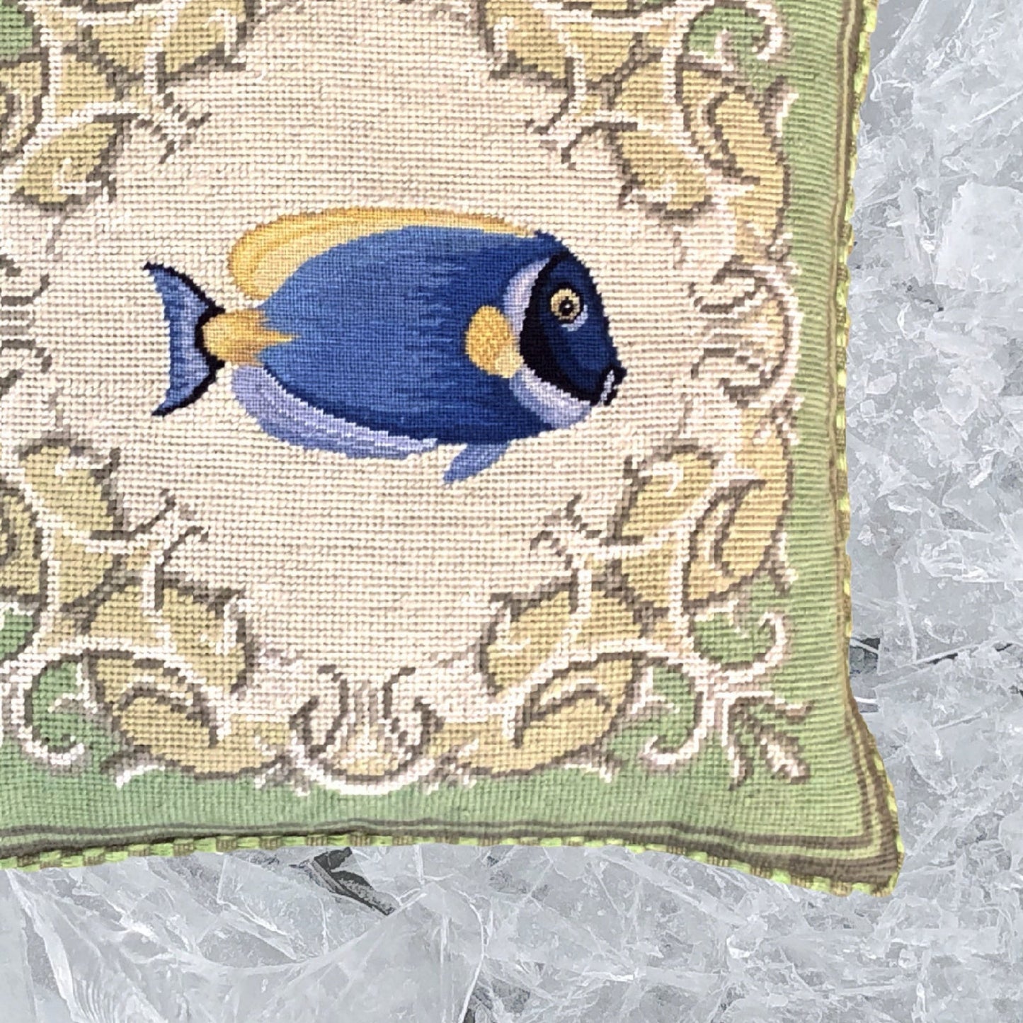 Handmade Wool Needlepoint Pillow Cover - Decorative Throw Cushion Cover - Vintage Floral Embroidery DesignFienst  tropical fish - Surgeonfish with green frame checker cording