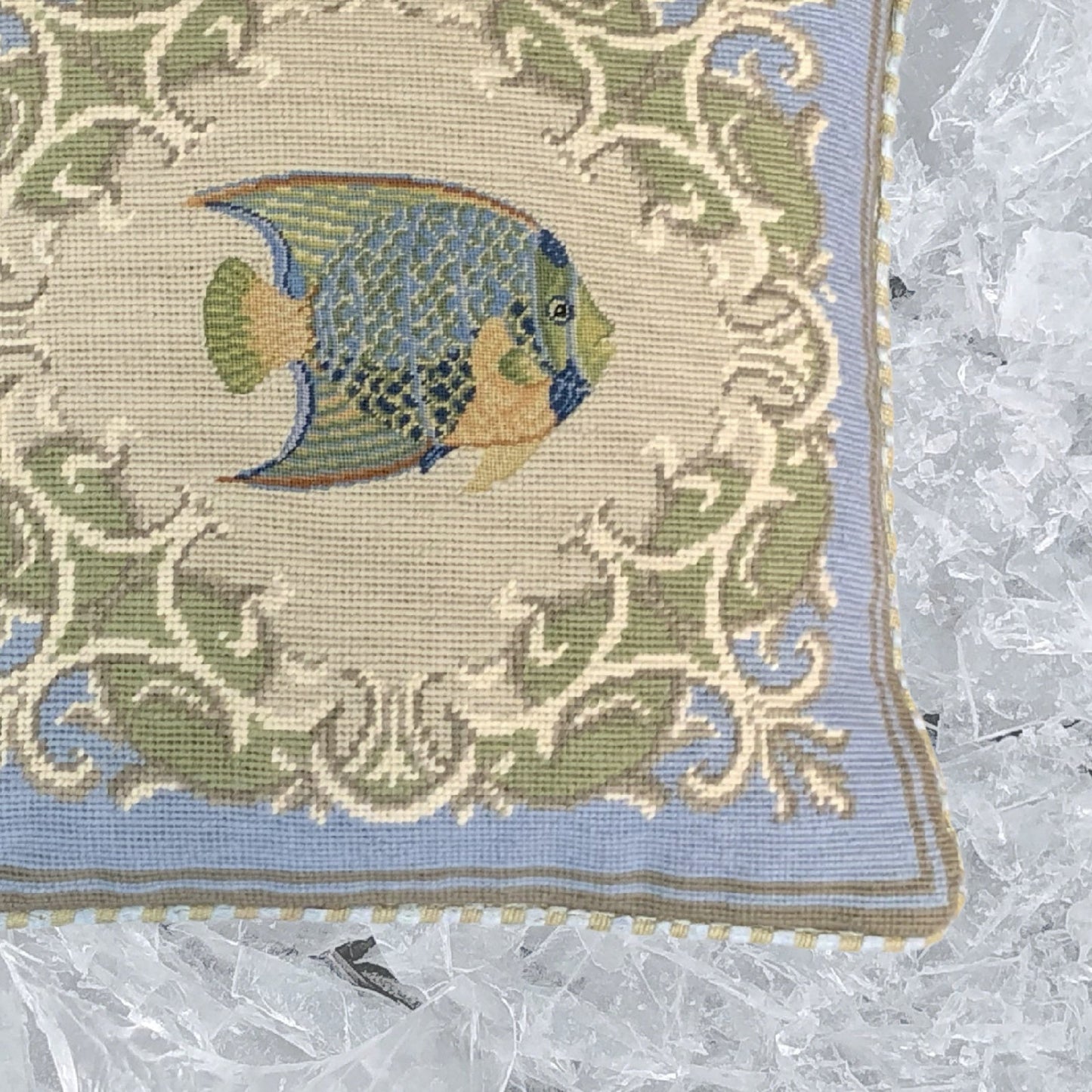 Handmade Wool Needlepoint Pillow Cover - Decorative Throw Cushion Cover - Vintage Floral Embroidery Designtropical fish-Queen Angel blue frame checker cording