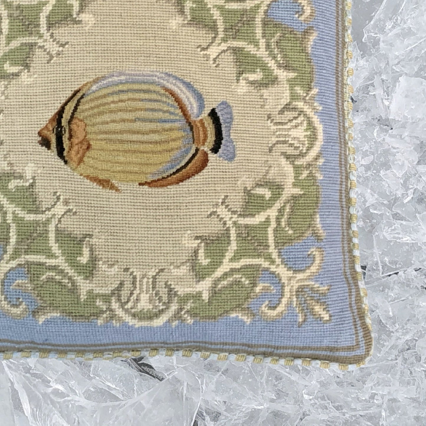 Handmade Wool Needlepoint Pillow Cover - Decorative Throw Cushion Cover - Vintage Floral Embroidery Design tropical fish-reef butterflyfish blue frame checker cording