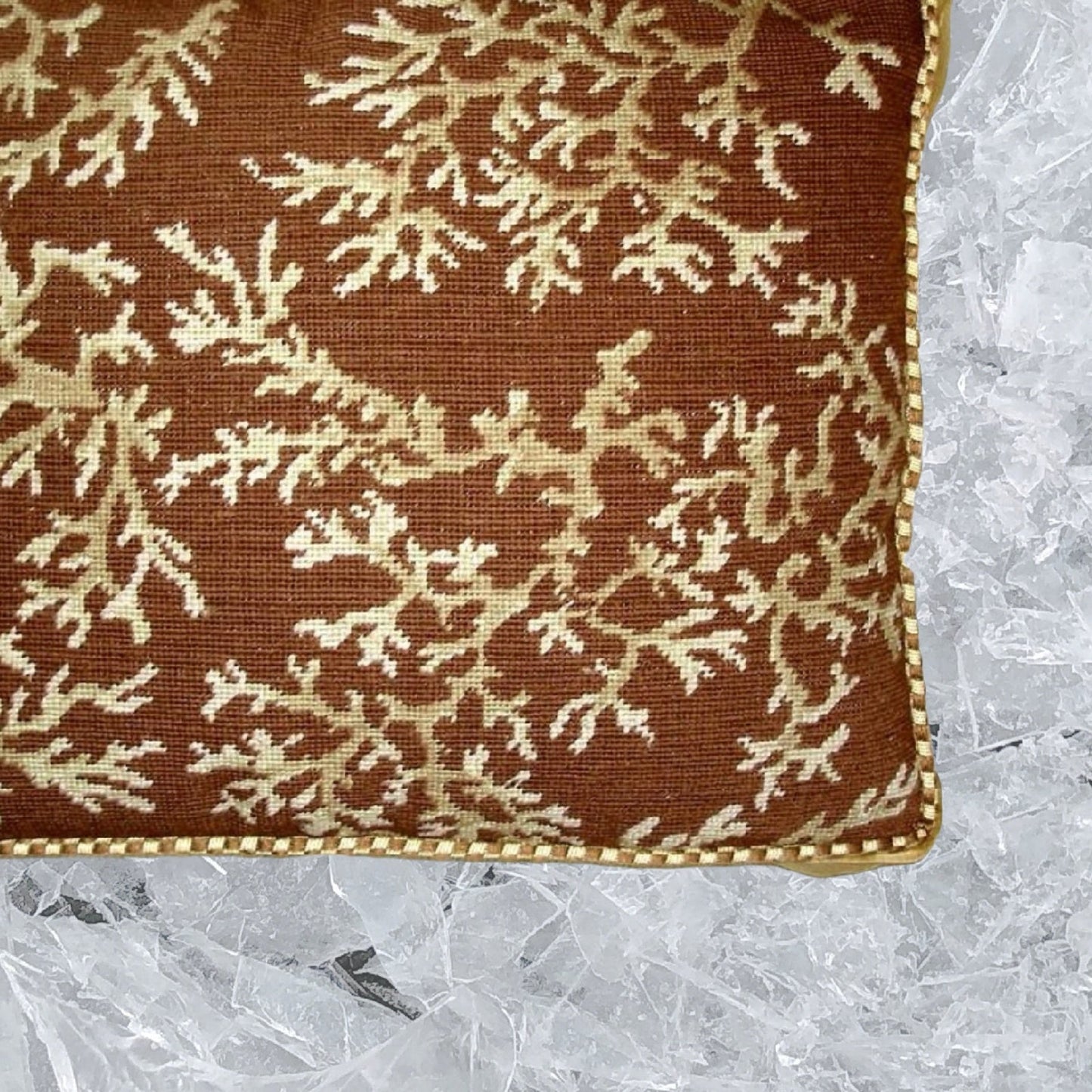 Handmade Wool Needlepoint Pillow Cover - Decorative Throw Cushion Cover - Vintage Floral Embroidery Design ivory coral brown background with cording 1