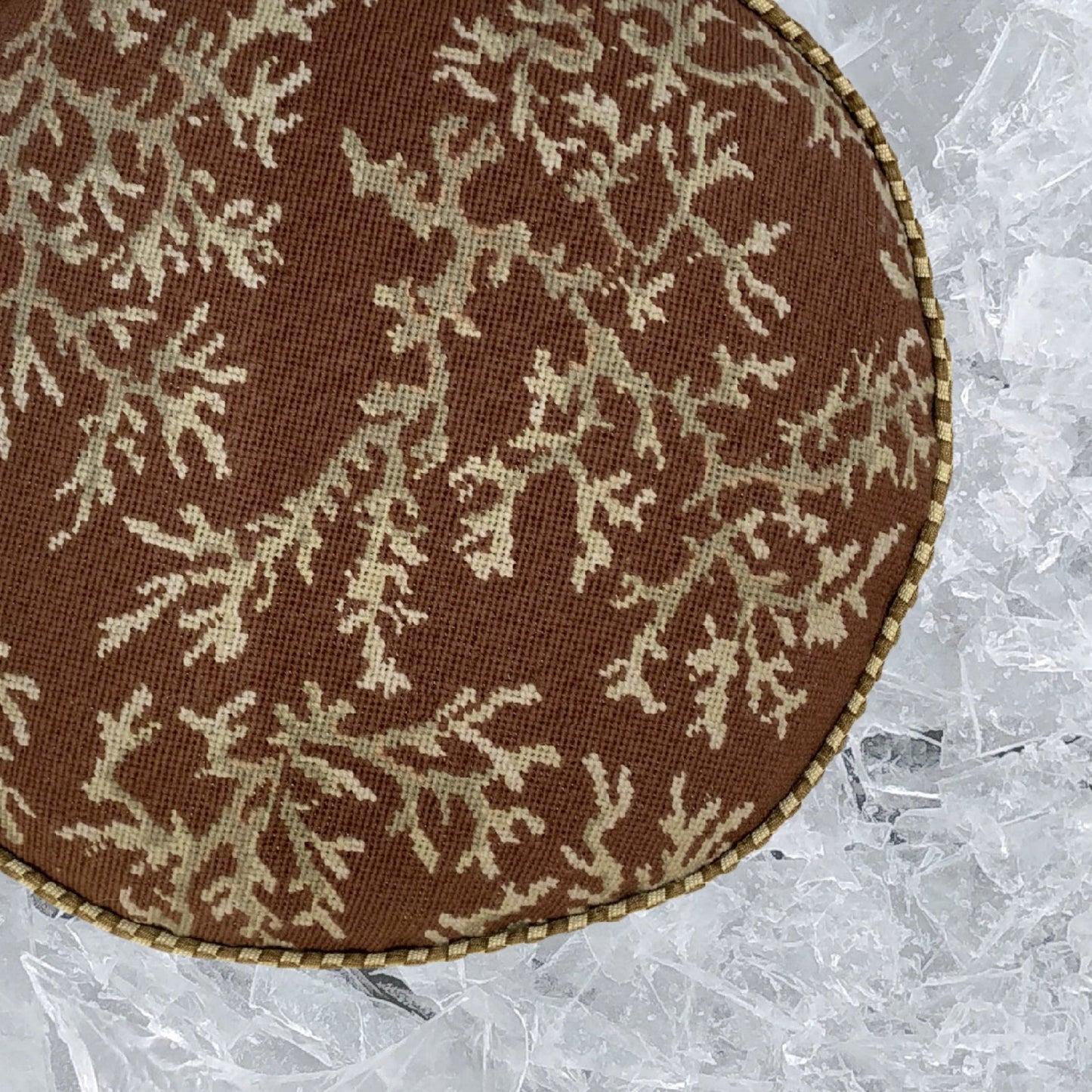 Handmade Wool Needlepoint Pillow Cover - Decorative Throw Cushion Cover - Vintage Floral Embroidery Design ivory coral brown background with cording